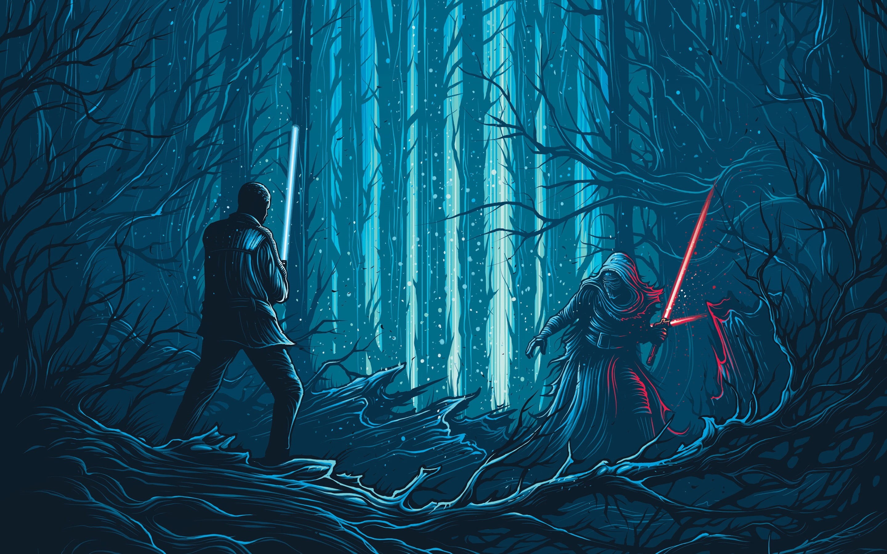 holding, animals in the wild, illustration, outdoors, man, adult, real people, forest, Star Wars, standing, artwork, tree, Dan Mumford, Star Wars: The Force Awakens, HD Wallpaper