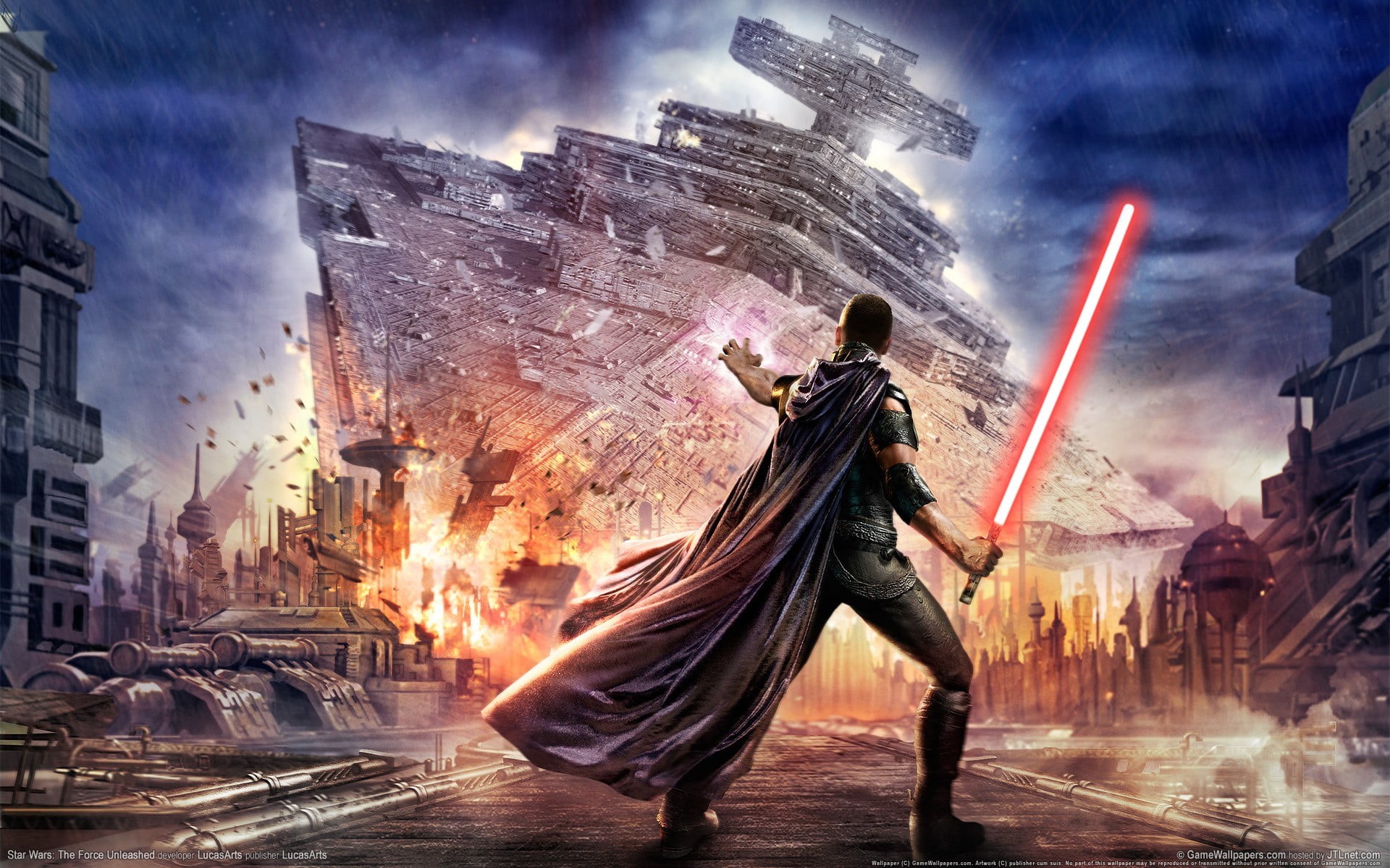 Star Wars: The Force Unleashed, digital composite, arms raised, human arm, built structure, men, burning, sky, video games, starkiller, fire, one person, HD Wallpaper