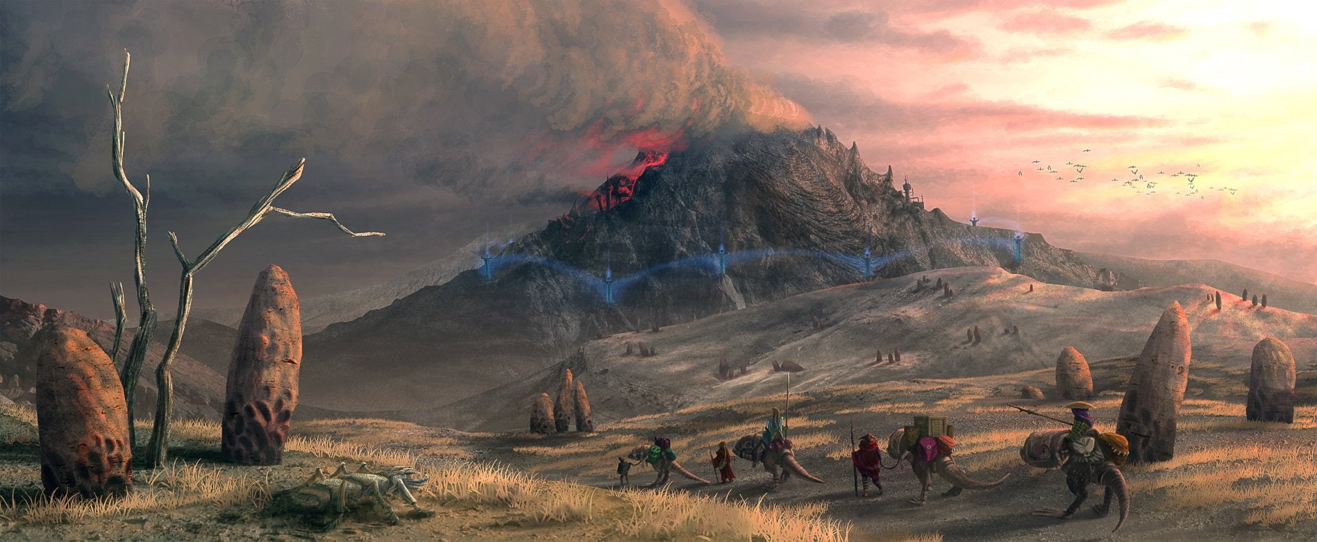 sky, environment, adventure, group of people, Fantasy, cloud - sky, land, 1080P, mountain, scenics - nature, panoramic, The Elder Scrolls III: Morrowind, HD Wallpaper