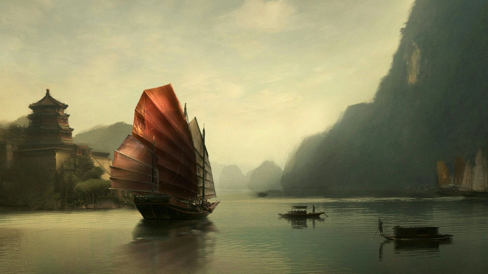 chinese lugsail, chinese junk ship, beauty in nature, junk rig, outdoors, river, rig, sea, rock formation, mode of transportation, sailboat, painting art, HD Wallpaper