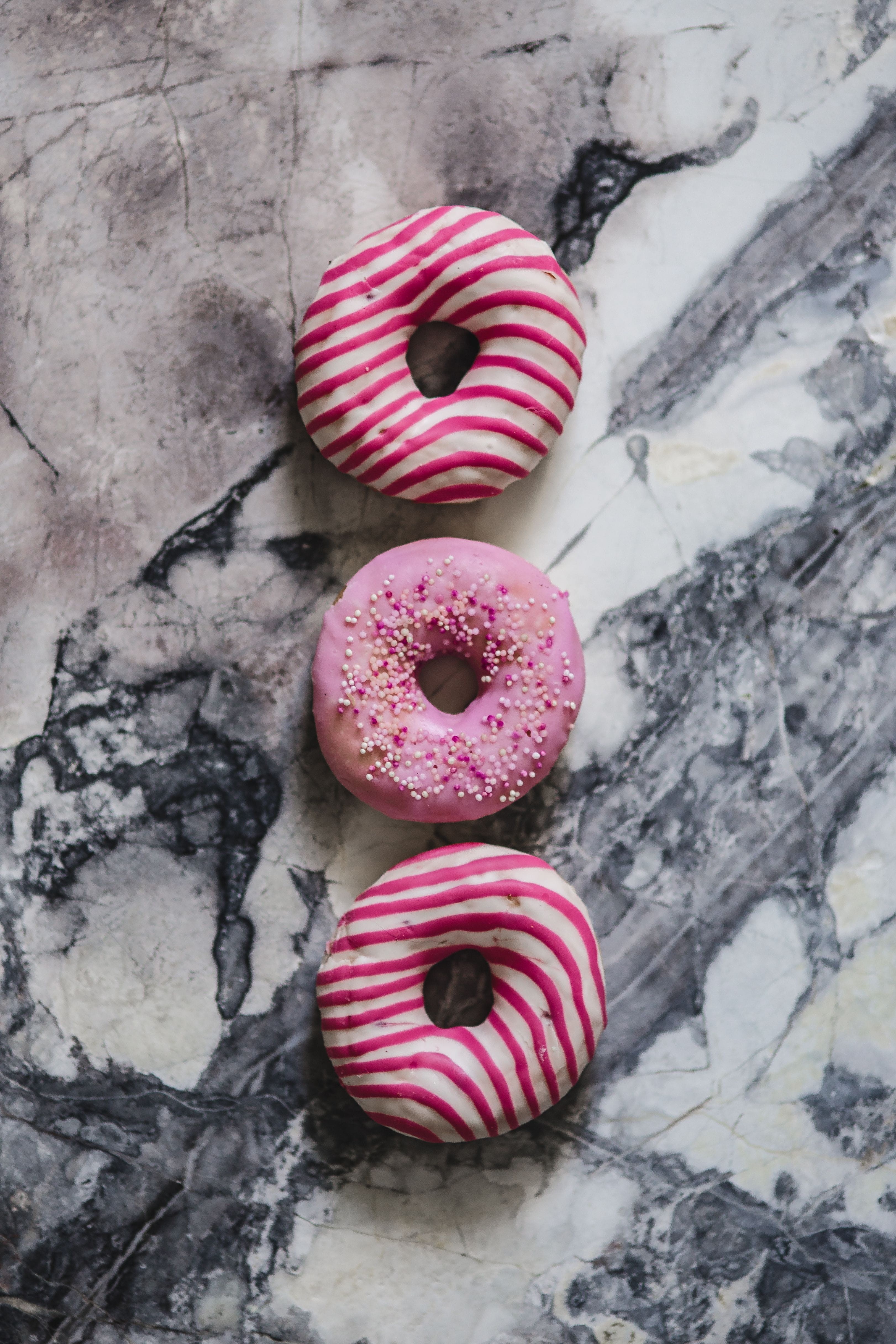 pink color, directly above, cute, indulgence, no people, food and drink, snack, close-up, gourmet, temptation, donuts, still life, high angle view, indoors, Phone HD Wallpaper