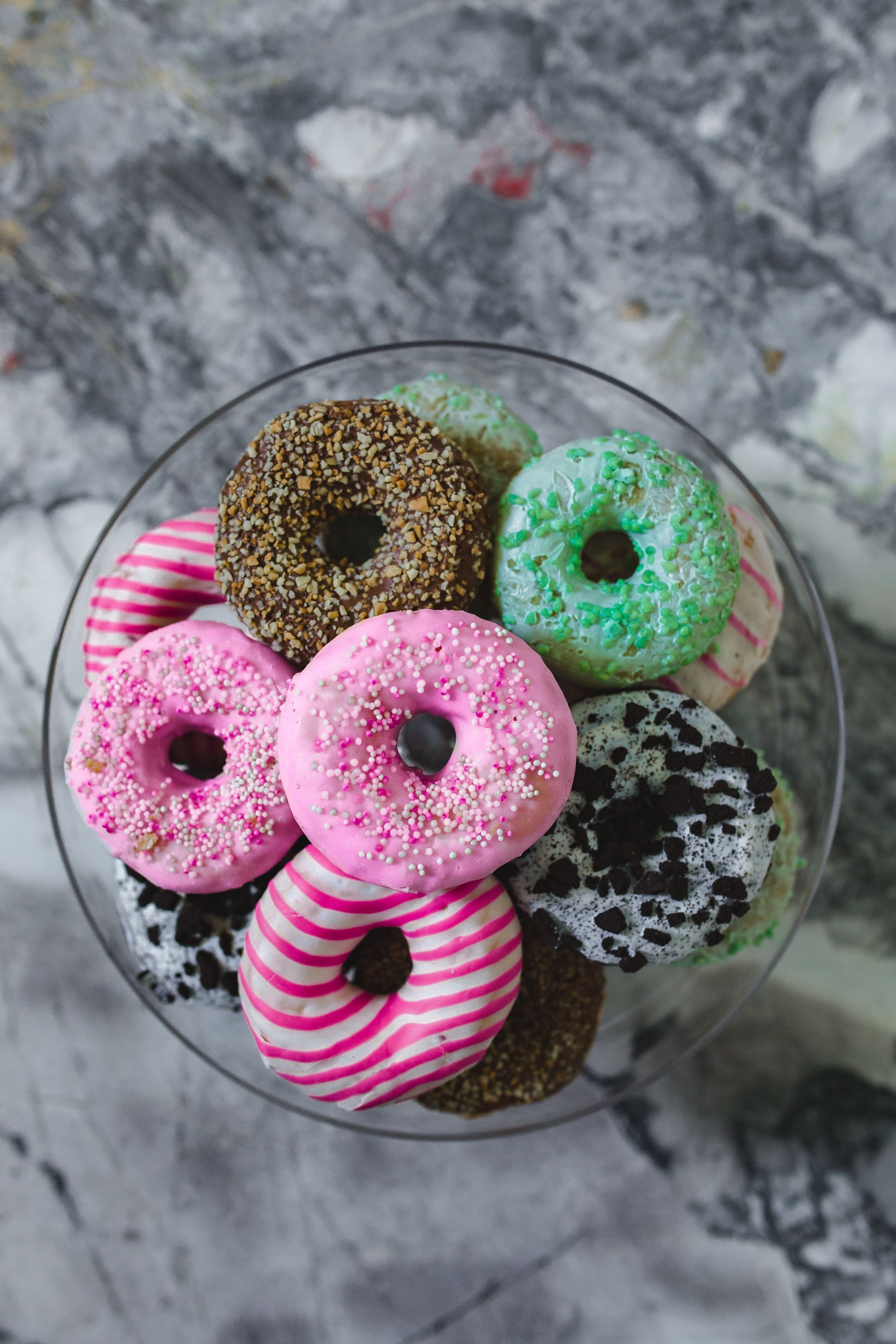 ready-to-eat, delicious, doughnut, treat, high angle view, baked, unhealthy Eating, directly above, indulgence, donuts, sugar, icing, sweet Food, Colorful, Phone HD Wallpaper