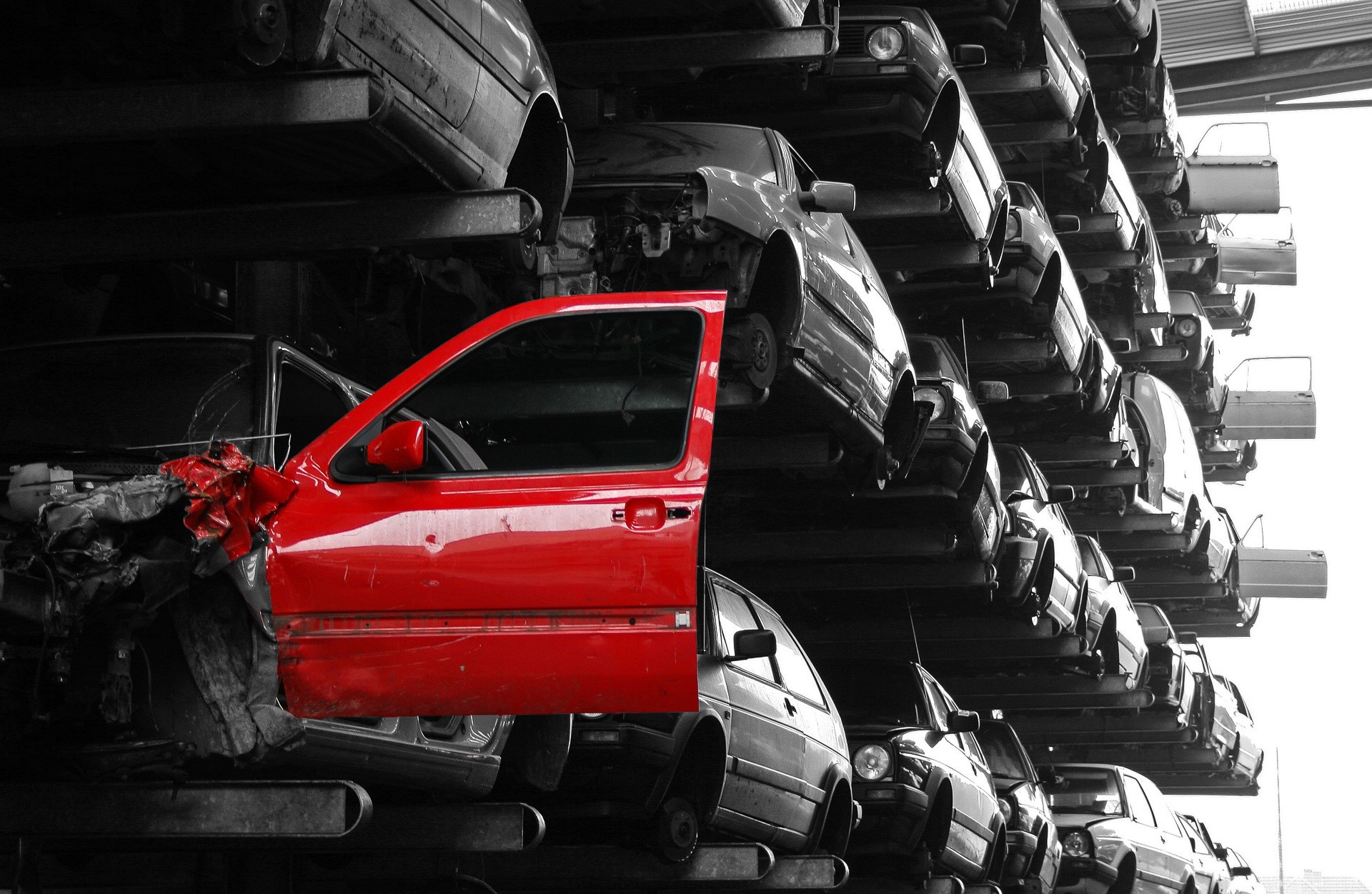 working, day, land Vehicle, 1080P, no people, large group of objects, occupation, indoors, in a row, transportation, stack, truck, red door, architecture, HD Wallpaper