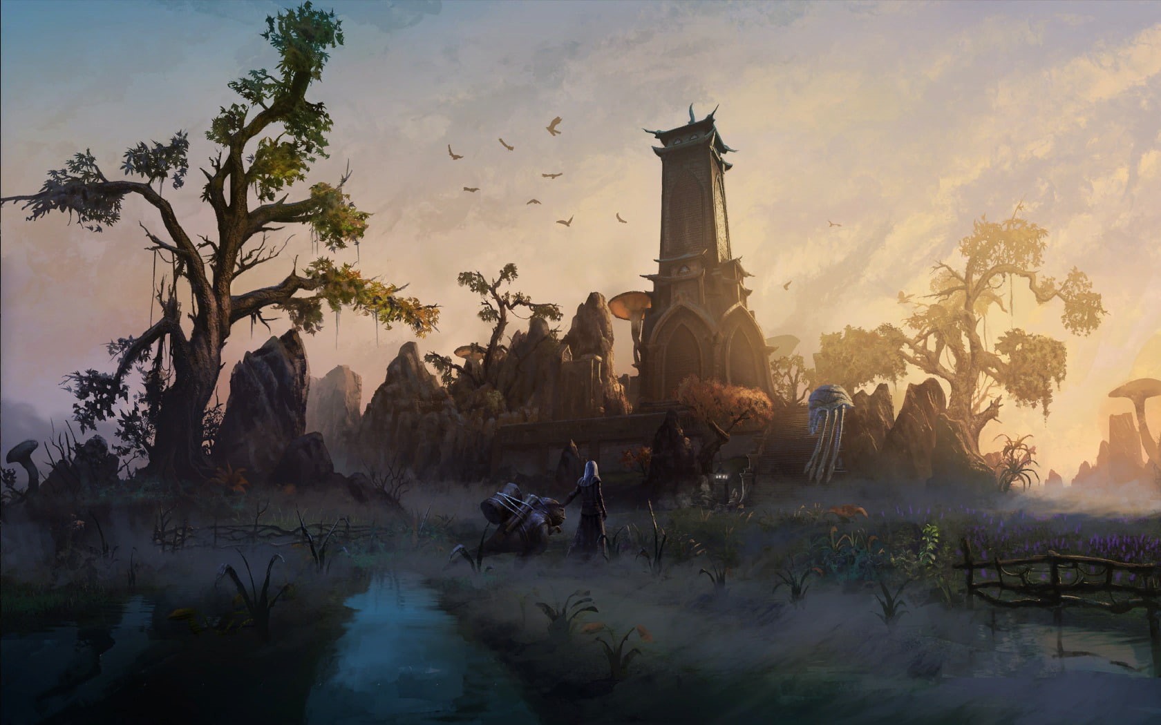 building exterior, The Elder Scrolls Online, real people, outdoors, 720P, cloud - sky, fantasy art, sculpture, building, sky, plant, art and craft, architecture, HD Wallpaper