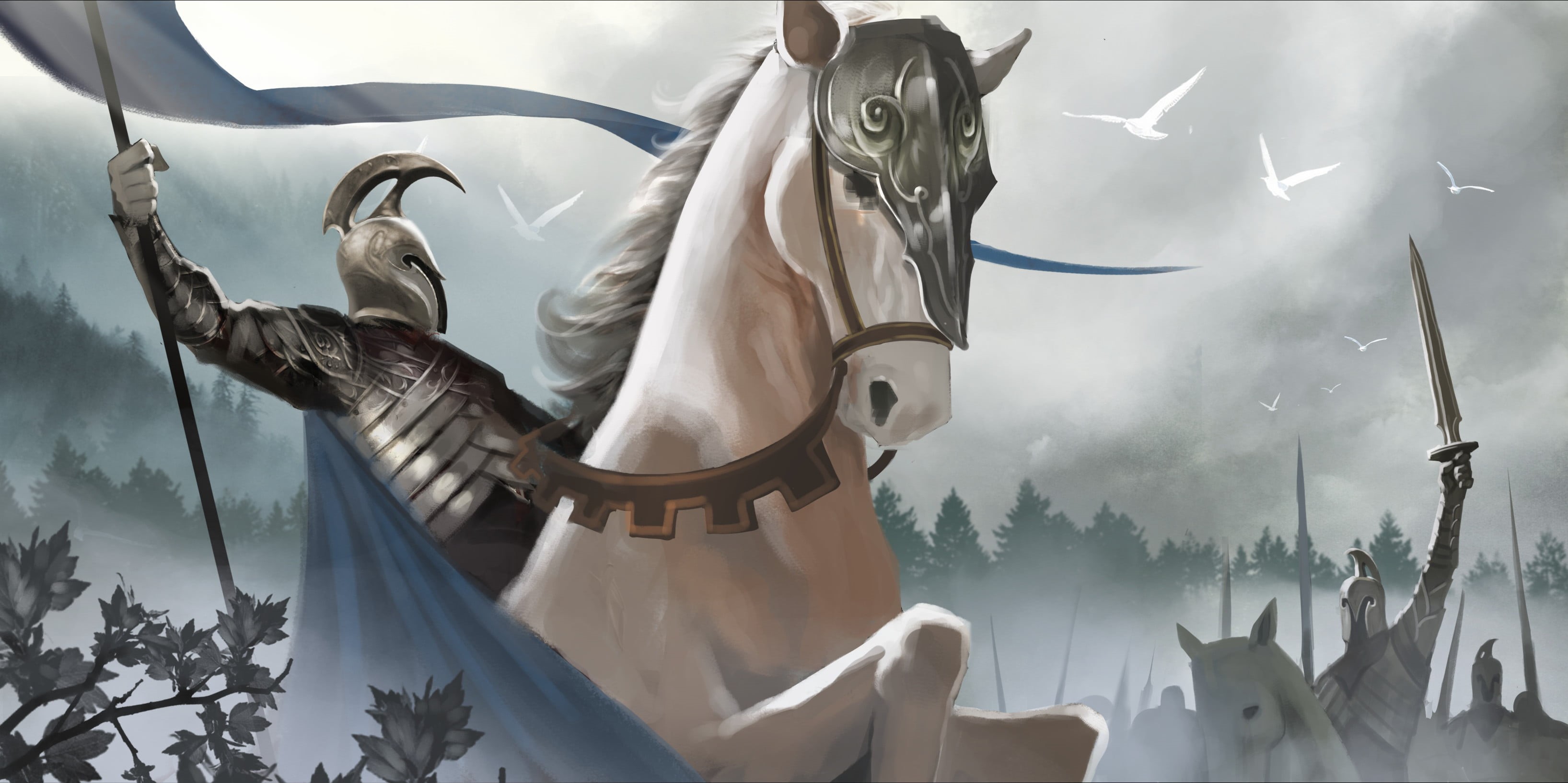 sculpture, riding, sword, horse, digital composite, sky, Armies of the Third Age, The Hobbit, art, animal wildlife, nature, animal themes, flying, bird, HD Wallpaper