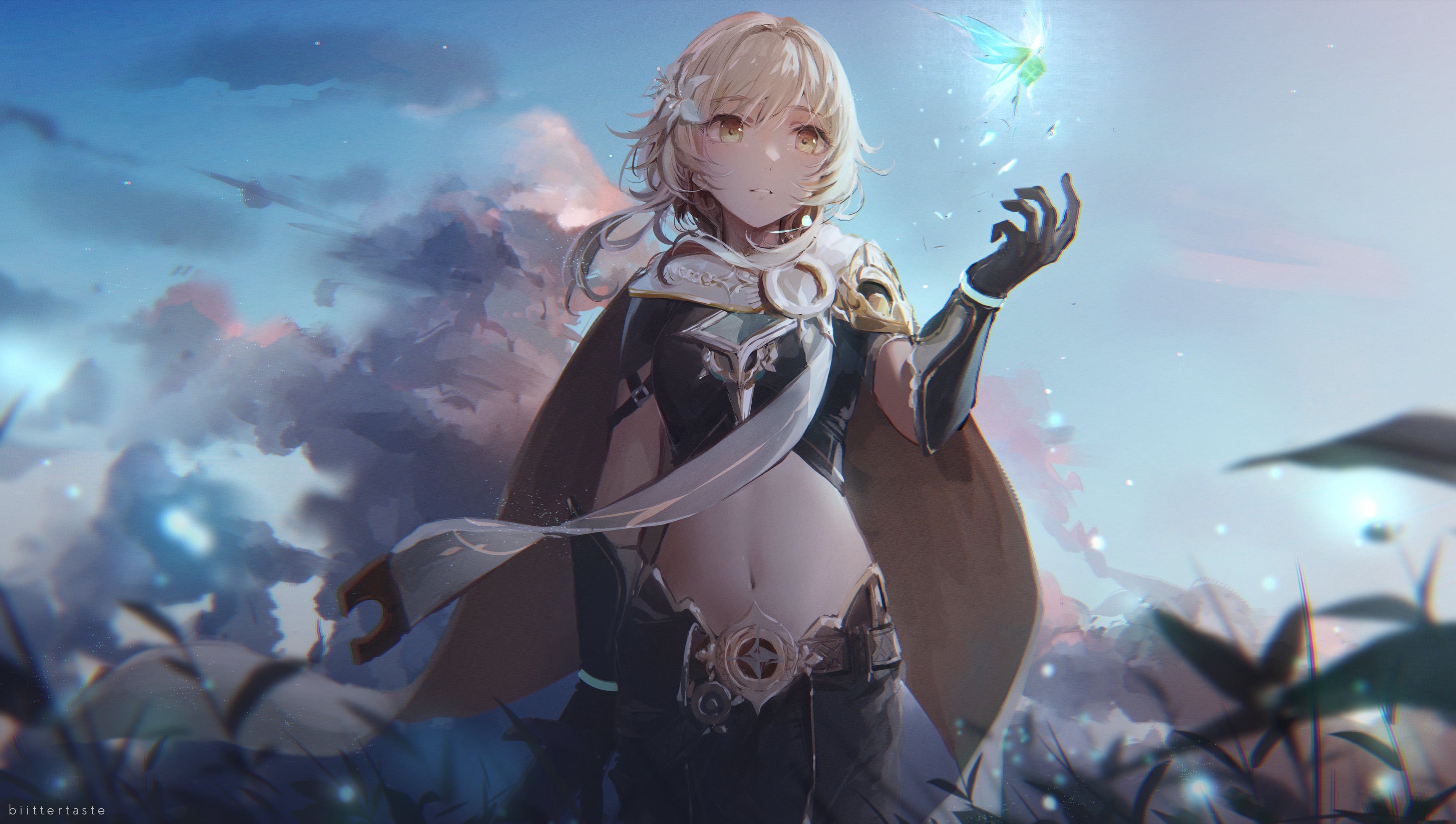 cape, yellow eyes, Wisp, 2K, Genshin Impact, Lumine (Genshin Impact), clouds, cloaks, navels, HD Wallpaper