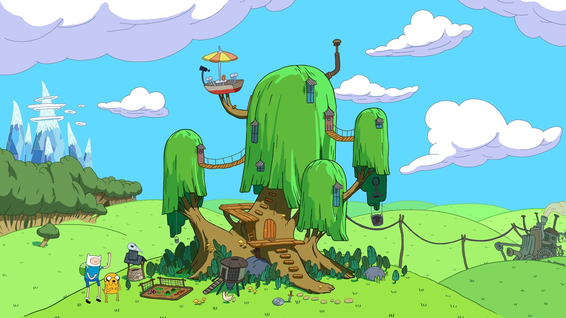 Finn the Human, blue, 1080P, day, multi colored, nature, outdoors, animals in the wild, built structure, Jake the Dog, art and craft, representation, architecture, HD Wallpaper