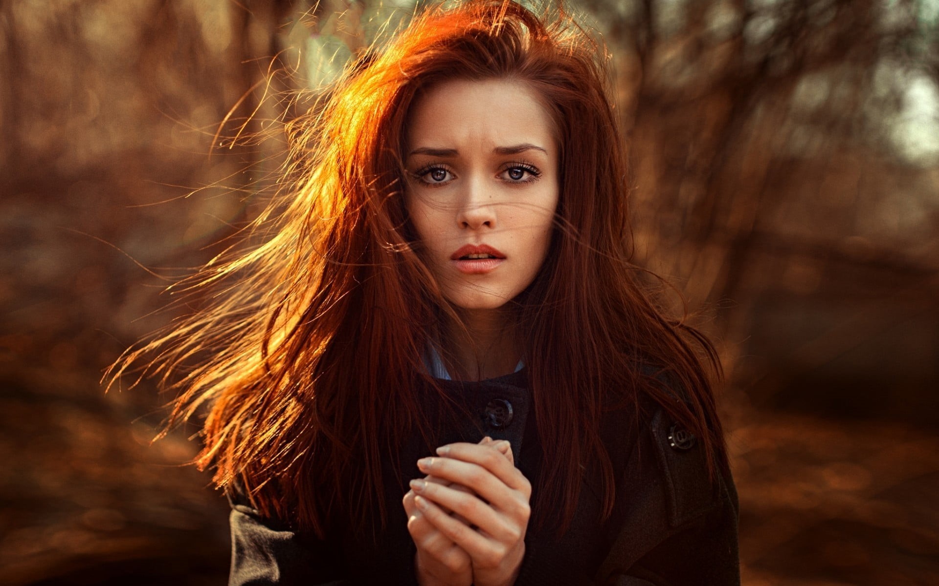 hairstyle, tree, beauty, beautiful woman, long hair, looking, headshot, young adult, dyed red hair, one person, sunlight, beautiful people, outdoors, Georgy Chernyadyev, HD Wallpaper