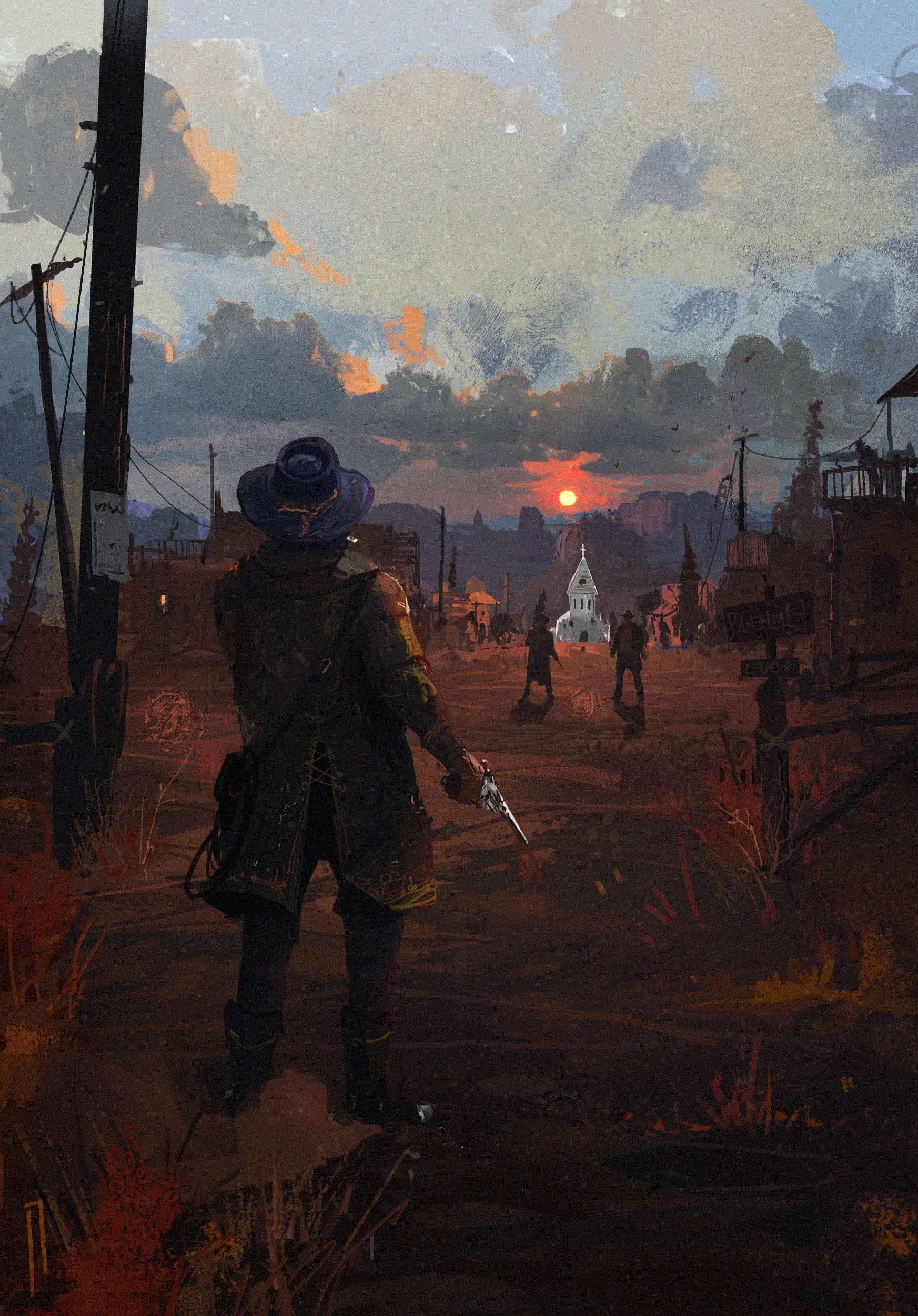 1080P, Red Dead Redemption, digital, revolver, concept art, outlaws, Red Dead Redemption 2, western, Duel, video games, town, cowboys, fan art, Arthur Morgan, Phone HD Wallpaper