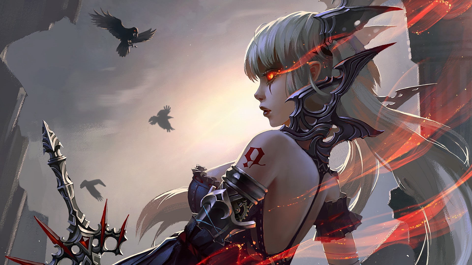 fantasy, armor, 1080P, fantasy girl, artwork, Warrior, crows, sword, fantasy art, birds, girl, tattoo, digital art, weapon, HD Wallpaper