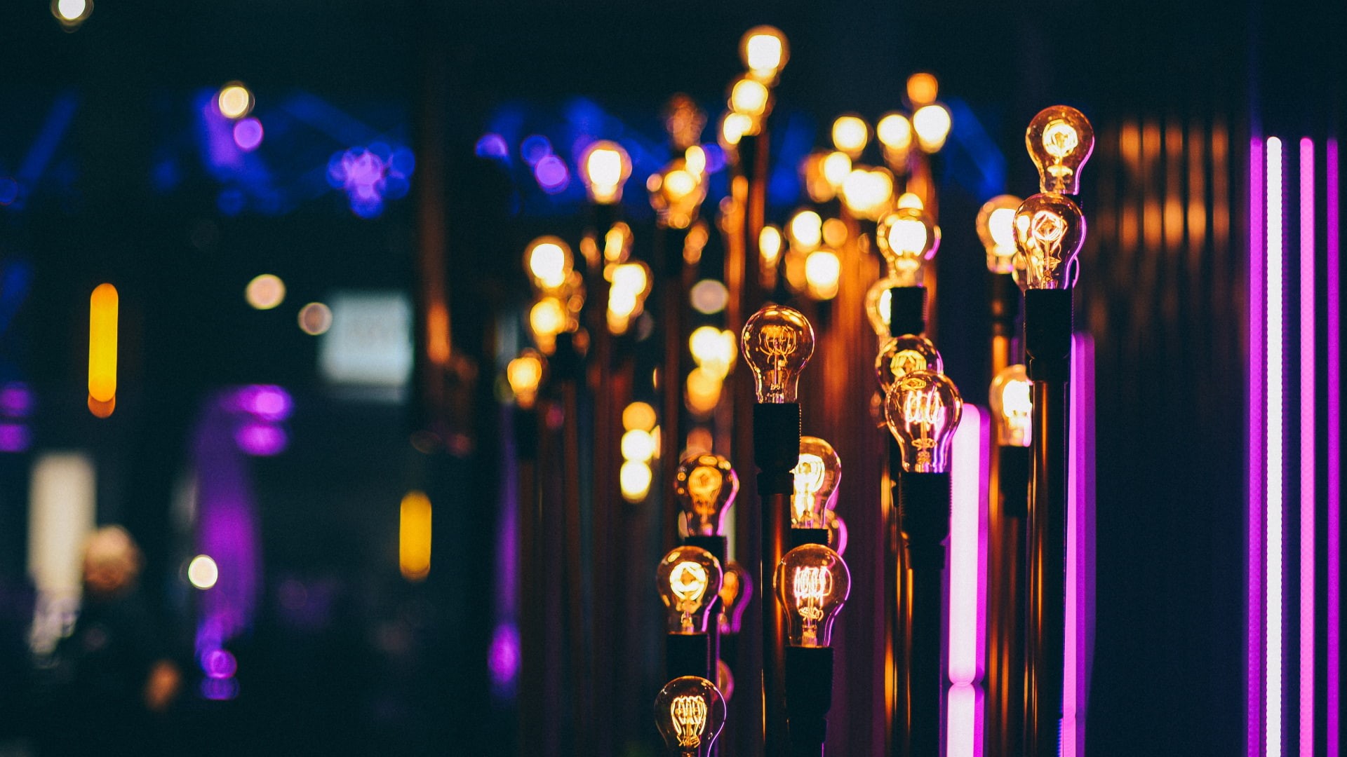 neon, night, photography, bokeh, 1080P, lightbulb, lights, street, HD Wallpaper