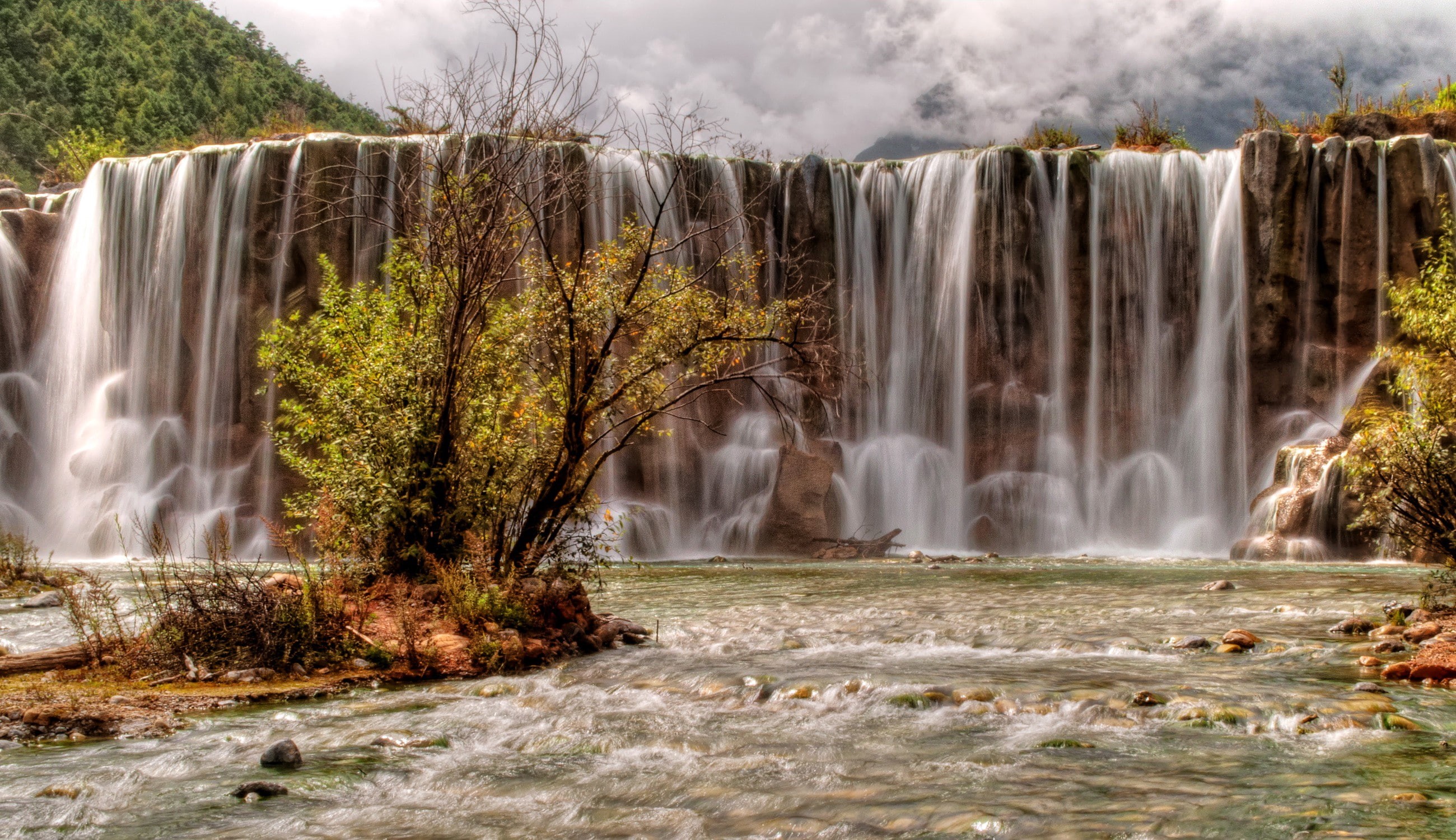 snow, waterfalls, Yulong Snow Mountain, mountain, stones, mountain river, yulong, China, 2K, trees, rocks, HD Wallpaper