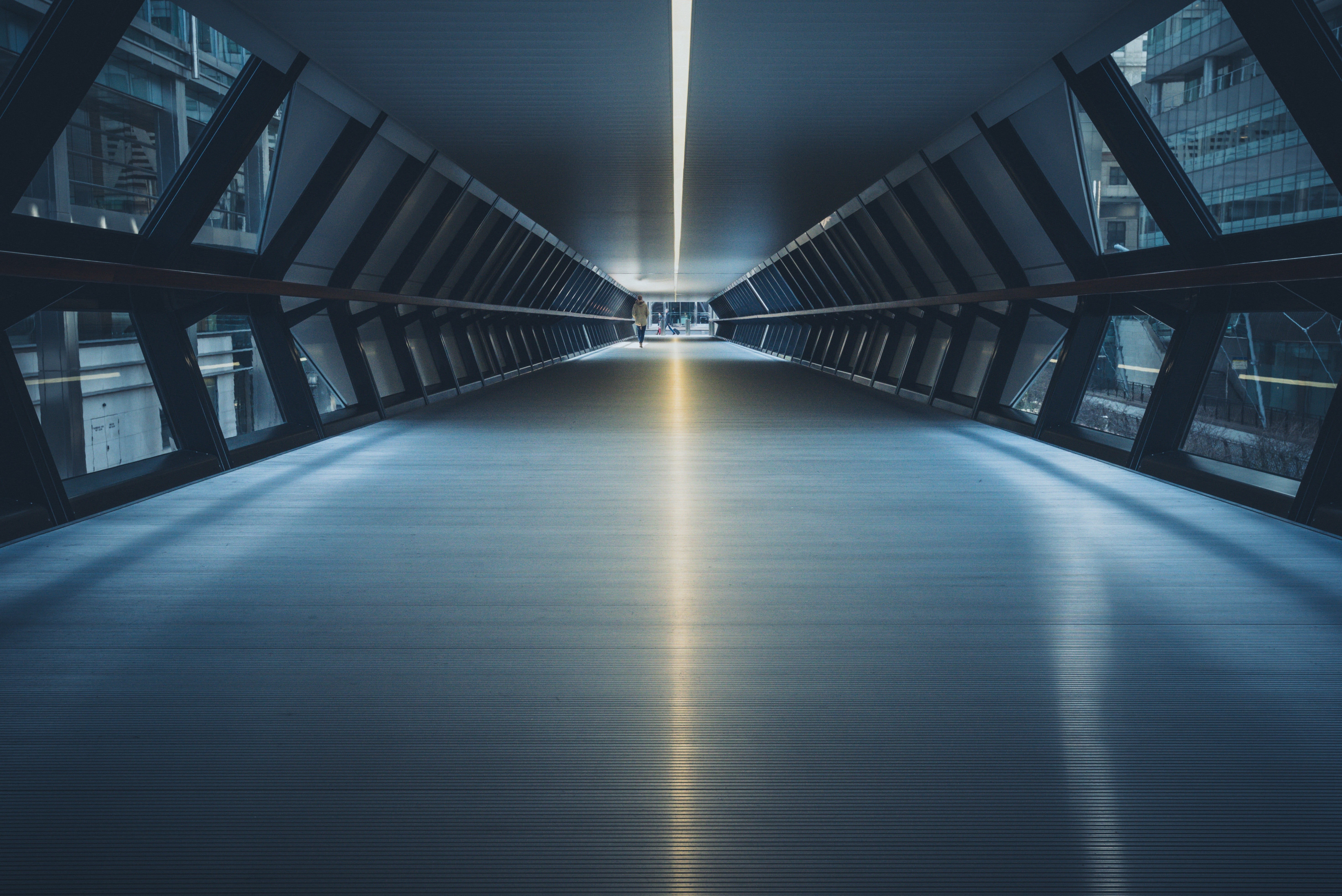 bridge - man made structure, long, frame, metal, bridge, reflection, outdoors, no people, nature, illuminated, modern, glass, ceiling, vanishing point, HD Wallpaper