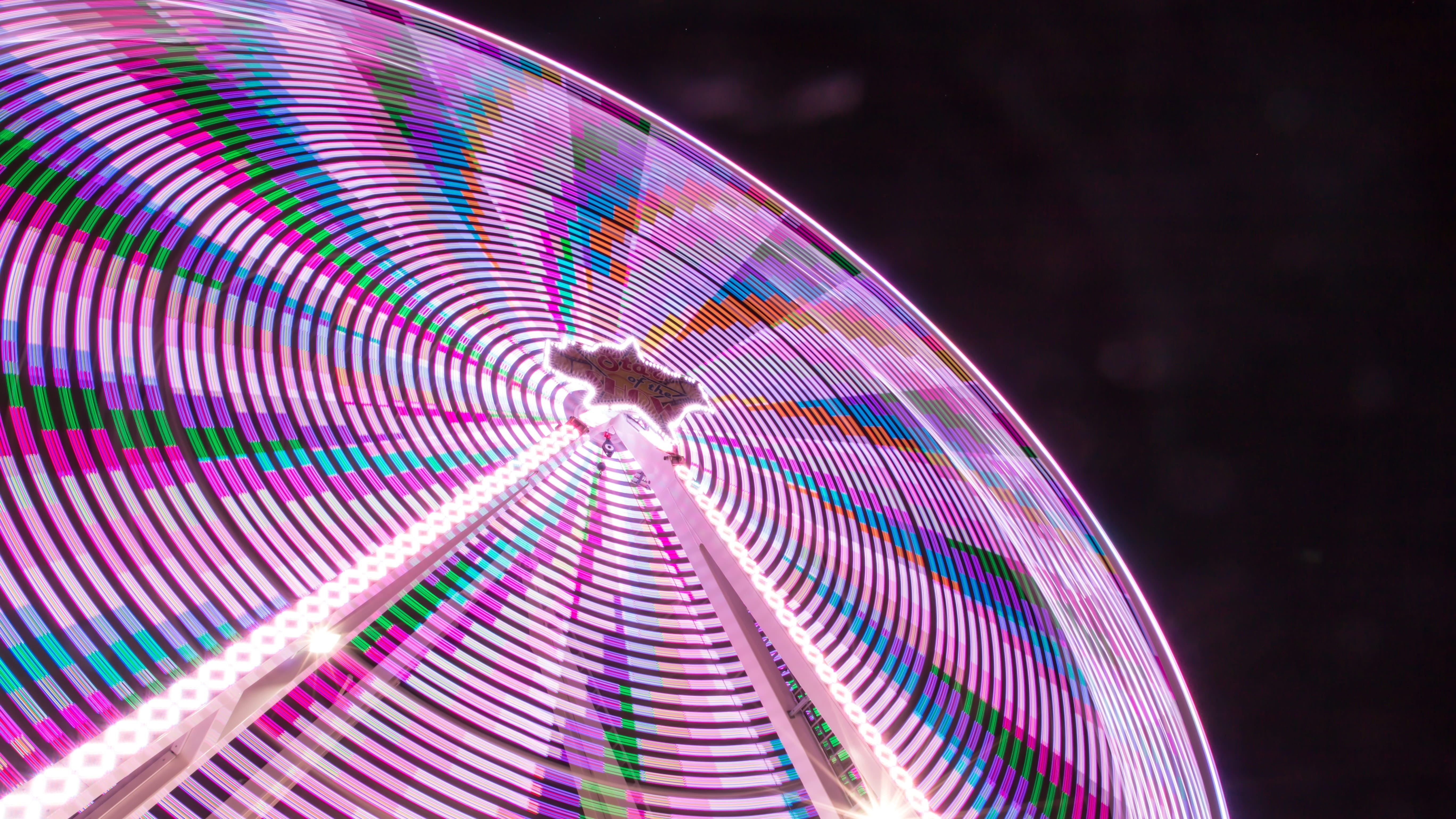 creativity, round, blurred motion, colourful, 5K, ferris wheel, carnival, rides, arts culture and entertainment, outdoors, glowing, d, illuminated, light, HD Wallpaper