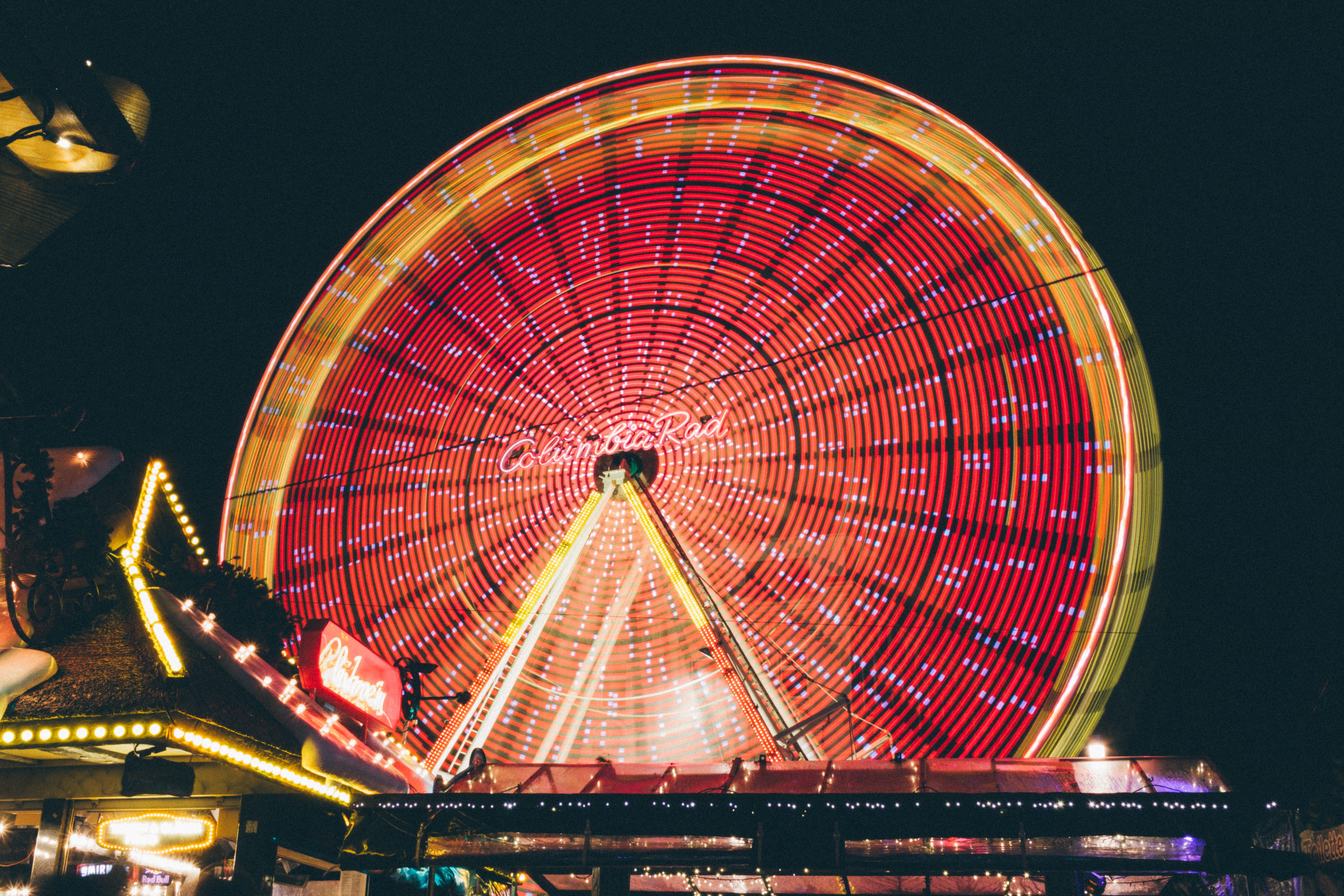 lapse, evening, low angle shot, built structure, exhilaration, fairground, illuminated, rides, circle, yellow, multi colored, amusement park, blurred motion, HD Wallpaper