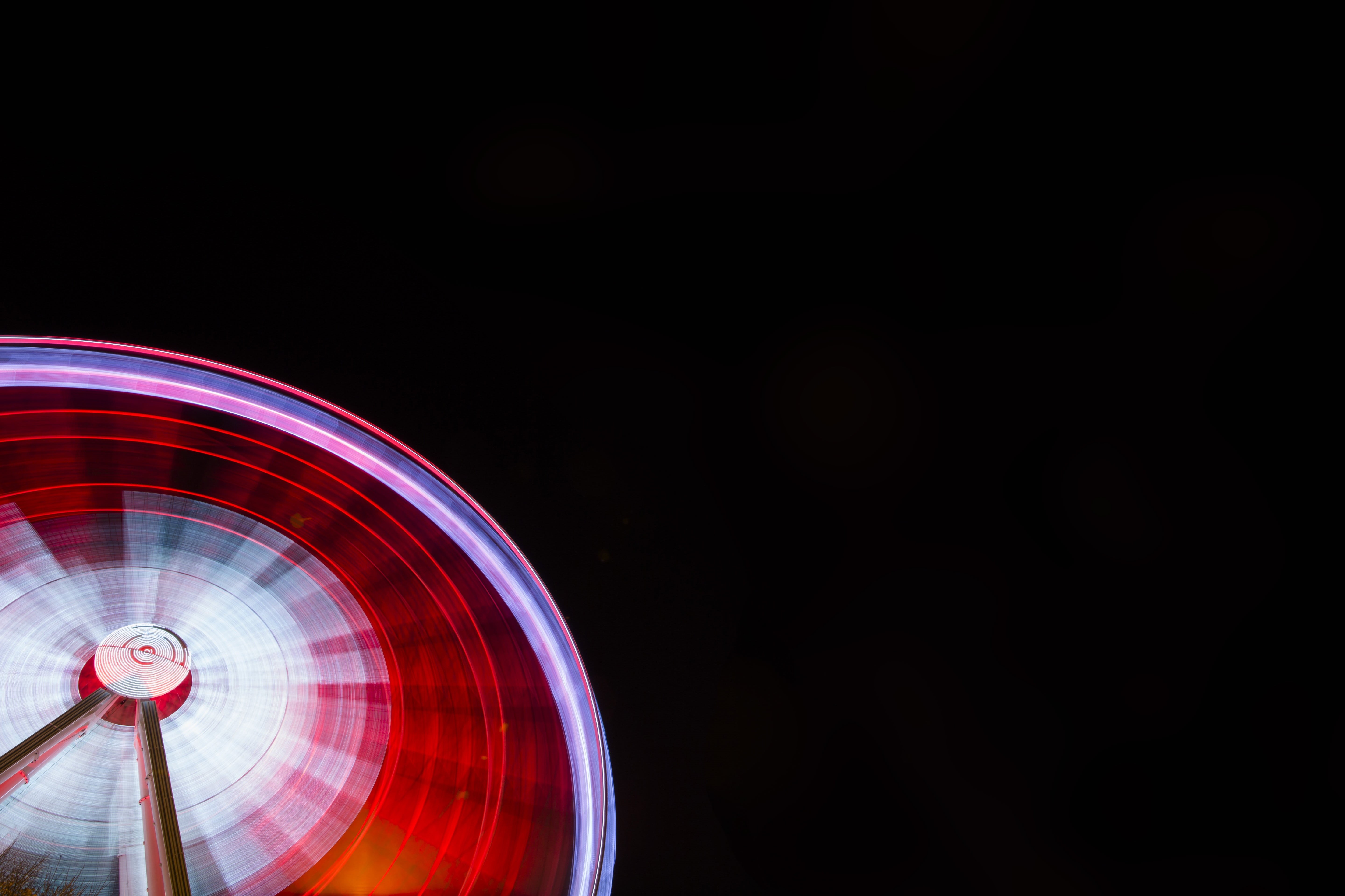 ferris wheel, art, motion, outdoors, nightlife, design, black background, shape, festival, spinning, red, carnival, amusement park, blur, copy space, color, HD Wallpaper