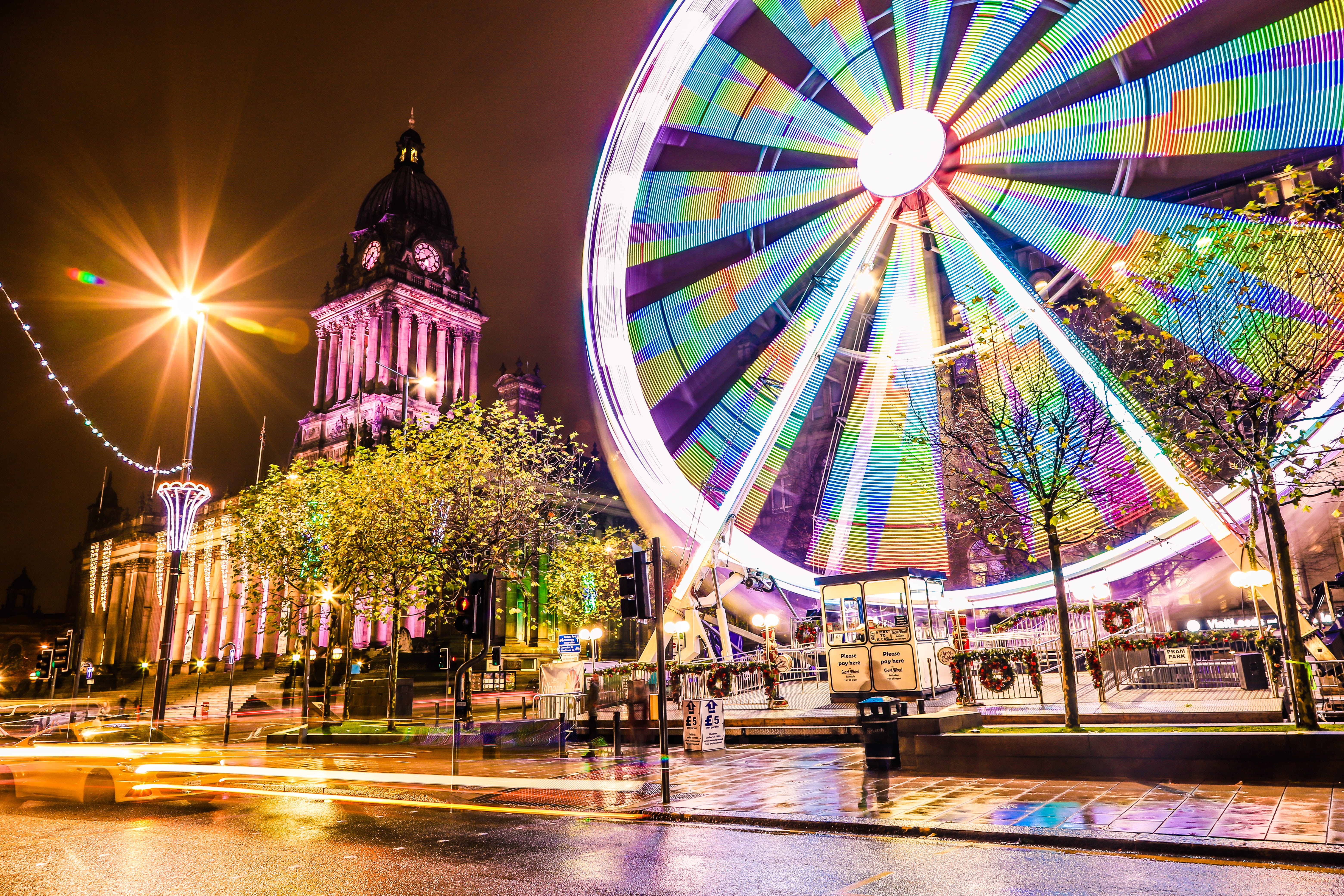 ferris, building, ride, time-lapse, evening, motion, travel, ferris wheel, urban, colors, amusement park, multi colored, funfair, celebration, design, architecture, HD Wallpaper