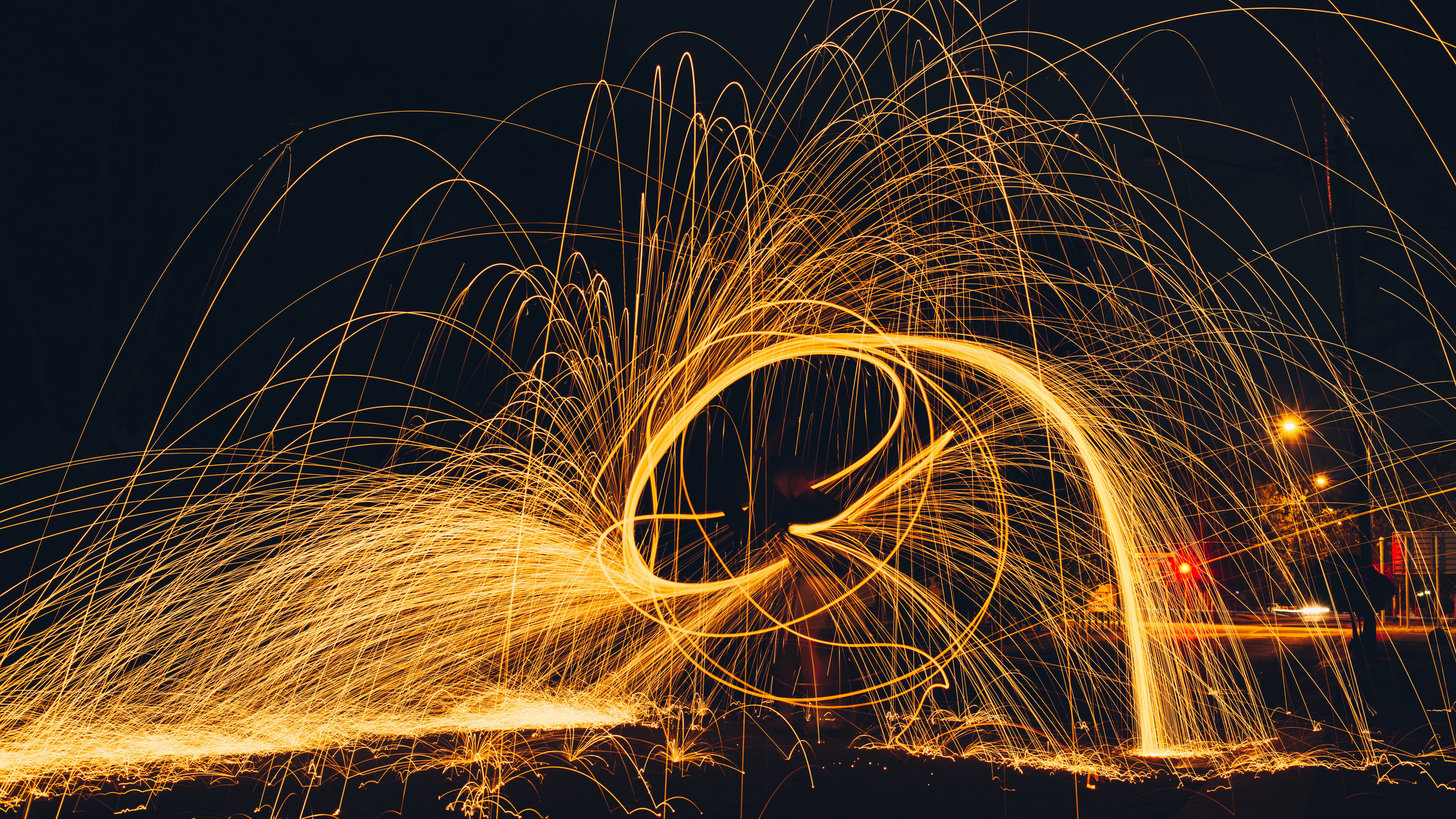 orange color, dark, fire, illuminated, festival, dancing, motion, sparks, color, water, fireworks, wire wool, light - natural phenomenon, evening, blurred motion, HD Wallpaper