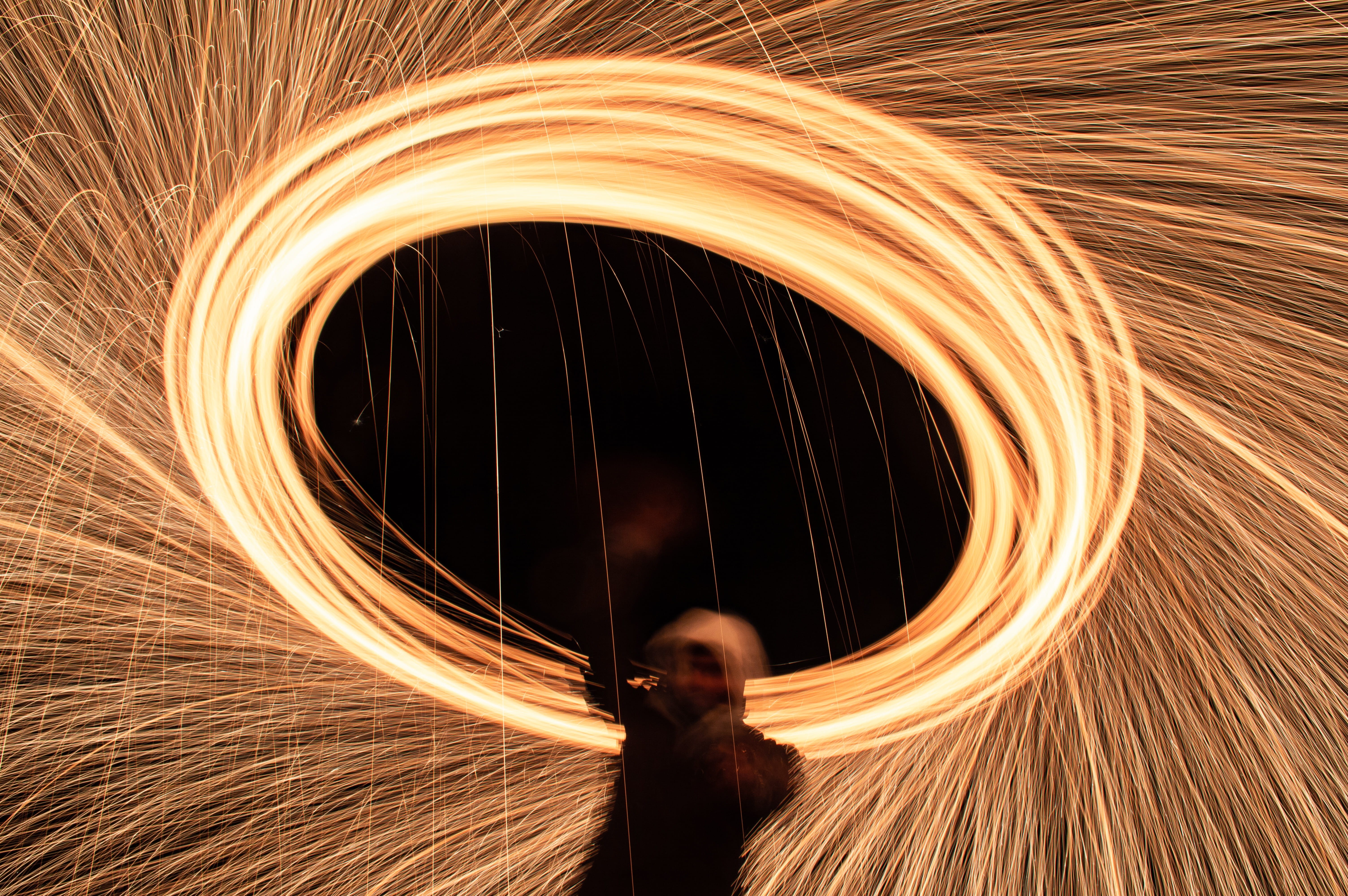 low angle shot, glowing, adult, sparks, steel, men, effect, night photography, light, real people, spinning, person, energy, front view, photography, burning, HD Wallpaper