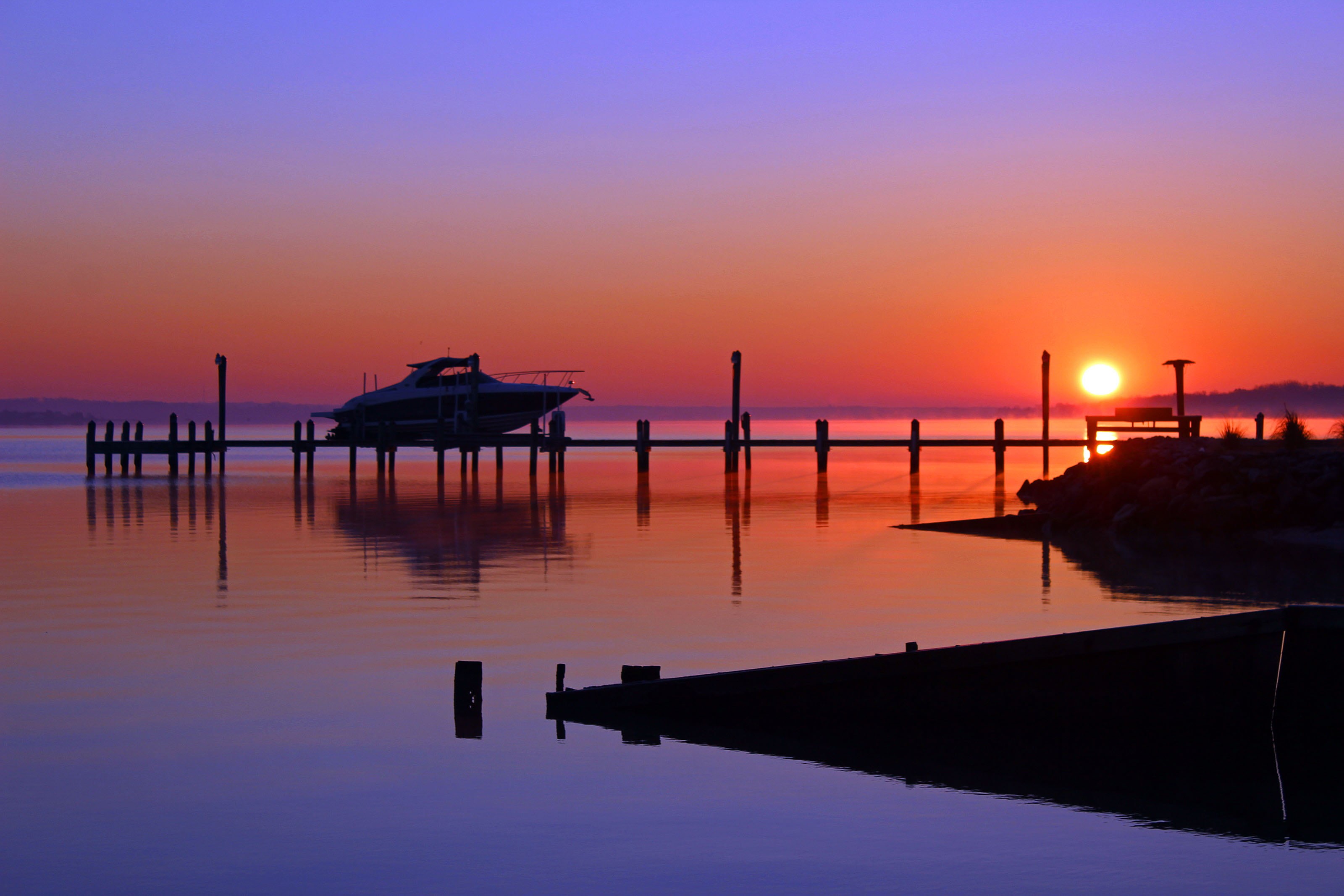 coastline, tranquil Scene, Patuxent River, water, Magic City, River  boat, sea, yellow, boat  dock, harbor, outdoors, blue  orange, maryland, sunrise - Dawn, HD Wallpaper