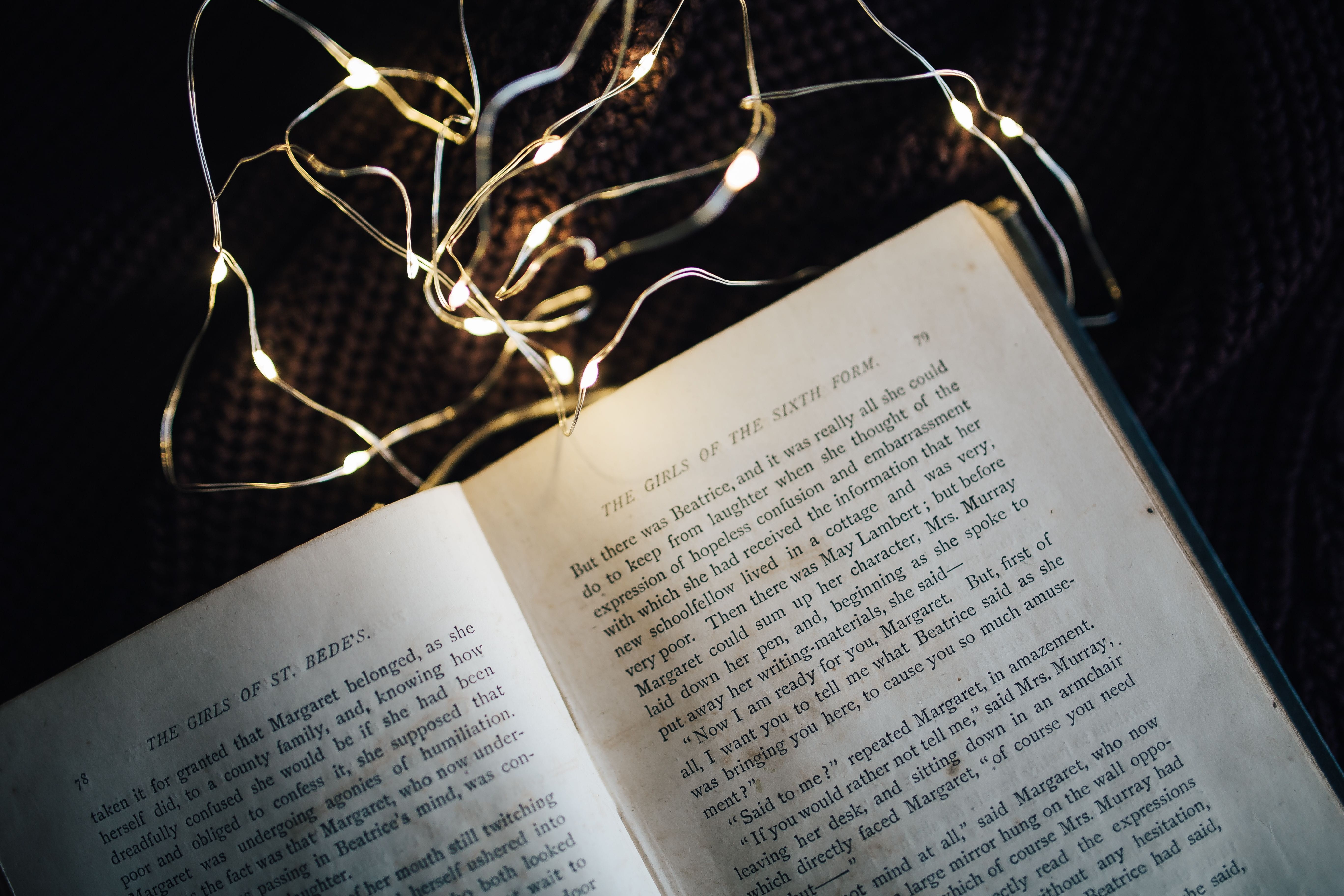 Fairy Lights, 5K, arts culture and entertainment, music, lights, spirituality, praying, black background, text, education, open, no people, bible, Magic, HD Wallpaper