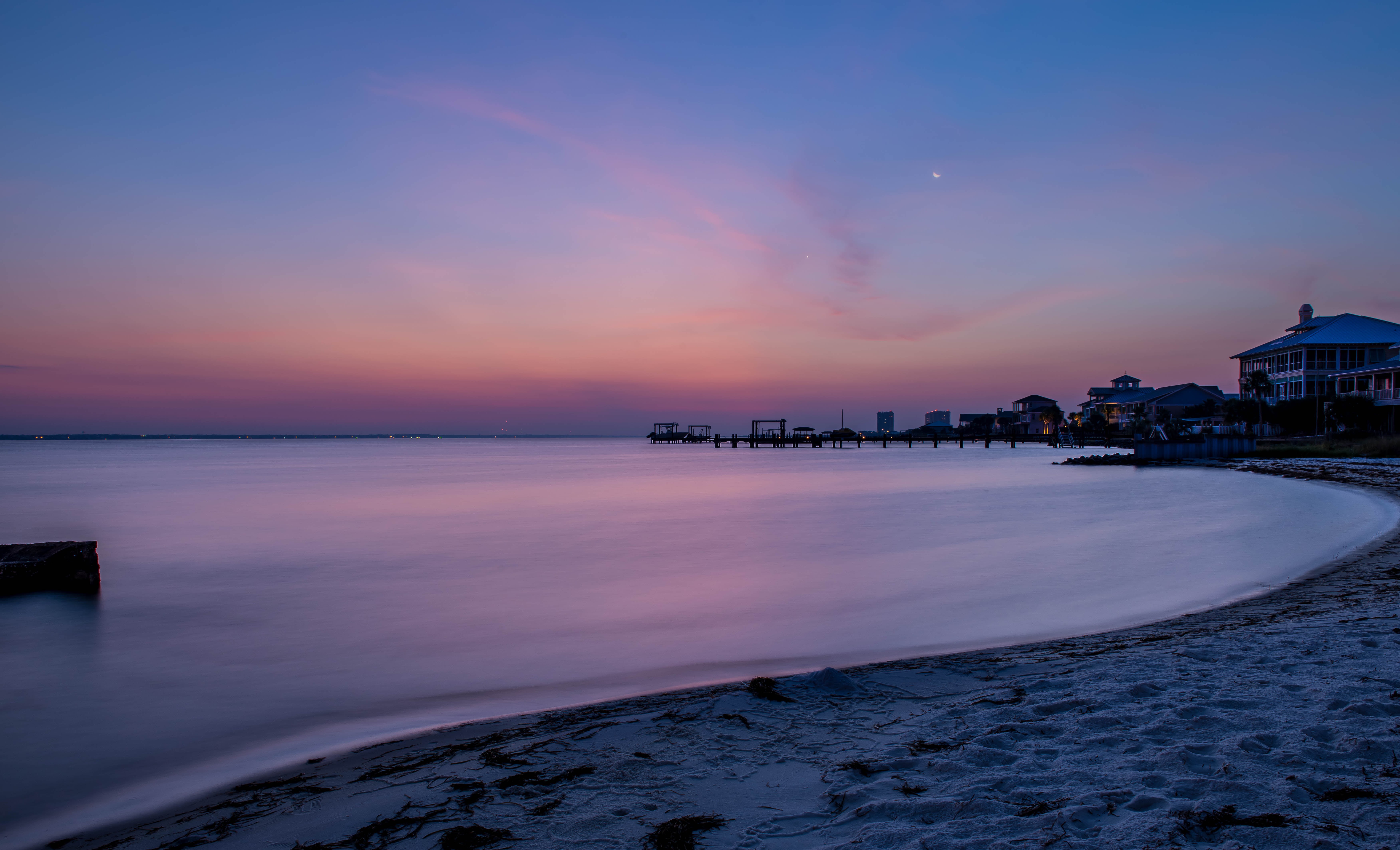coastline, 5K, water, outdoors, beach, pensacola, dusk, night, nature, sea, sunset, time, summer, seashore, vacations, HD Wallpaper