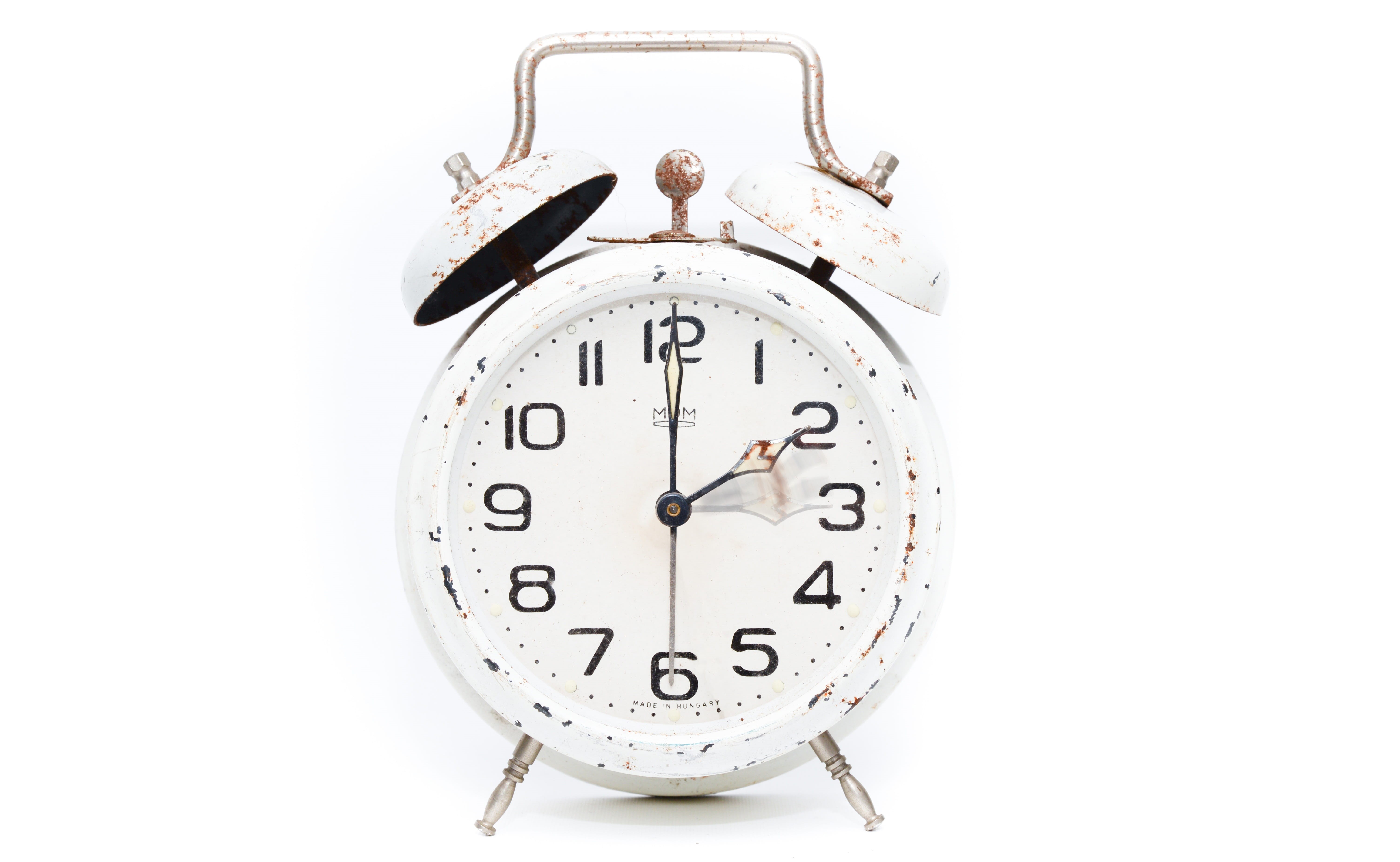 pointer, uhrumstellung, cut out, summer time, bell, white, indoors, table, alarm clock, silver colored, number, old, close-up, minute hand, winter time change, HD Wallpaper