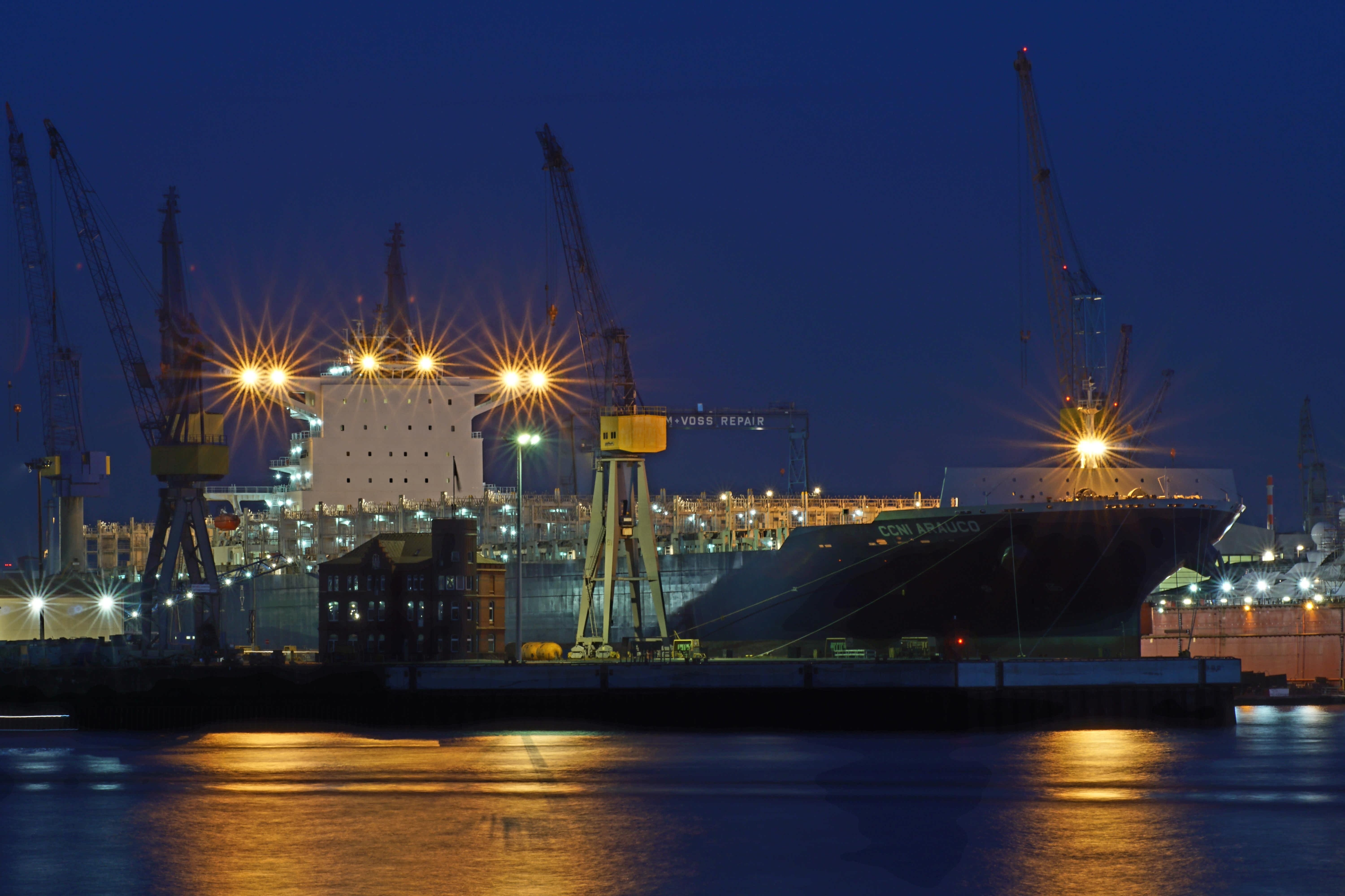 lake, pier, bloom, shipping, container, night, cargo Container, hamburg, machinery, sea, illuminated, 5K, port, body, harbor, nature, mode of transportation, HD Wallpaper