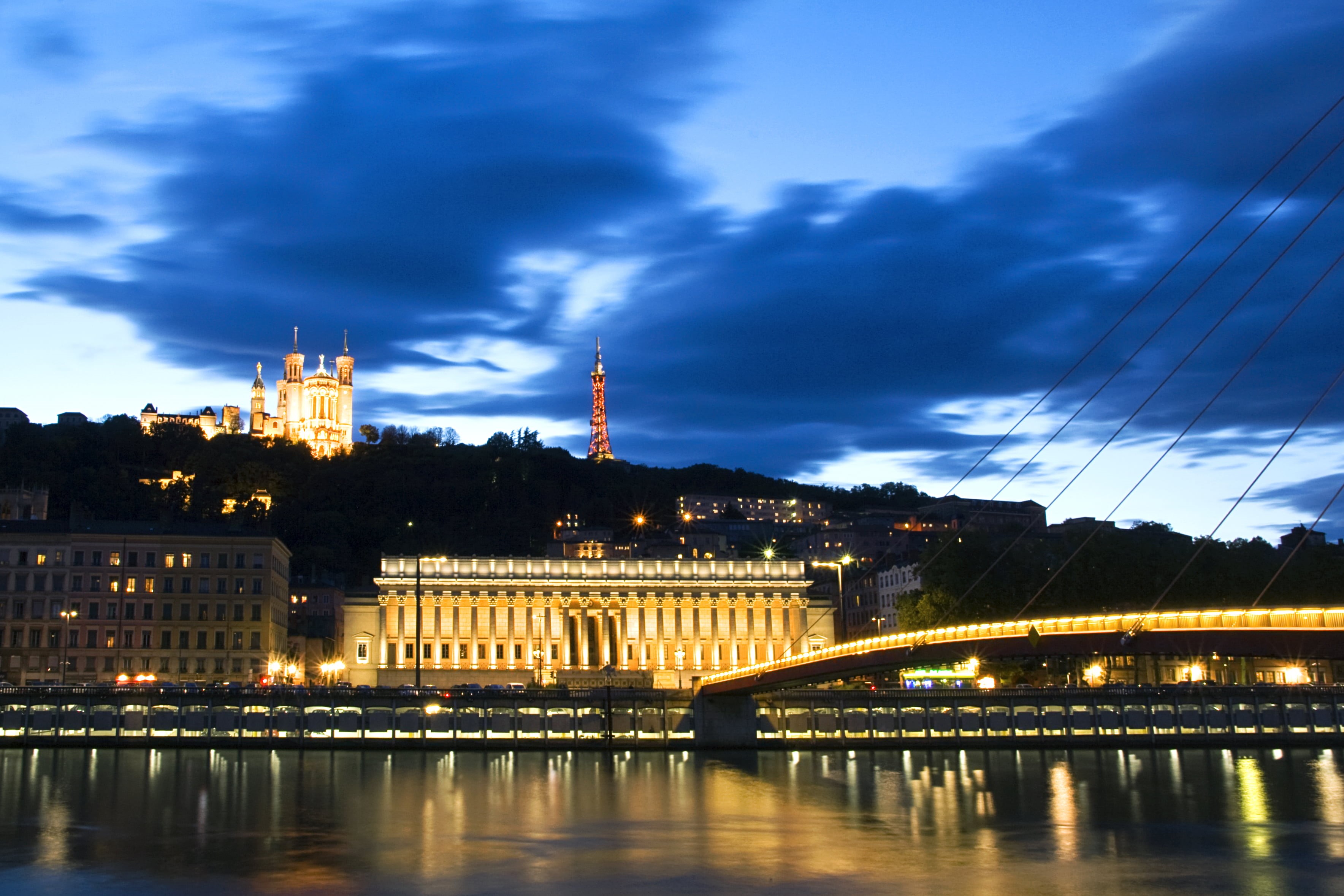 river, Tour, de, night, city, urban Scene, bridge, photo, buidings, sky  blue, Fourviere, Vieux Lyon, landscape, longexposure, bridge - Man Made Structure, HD Wallpaper