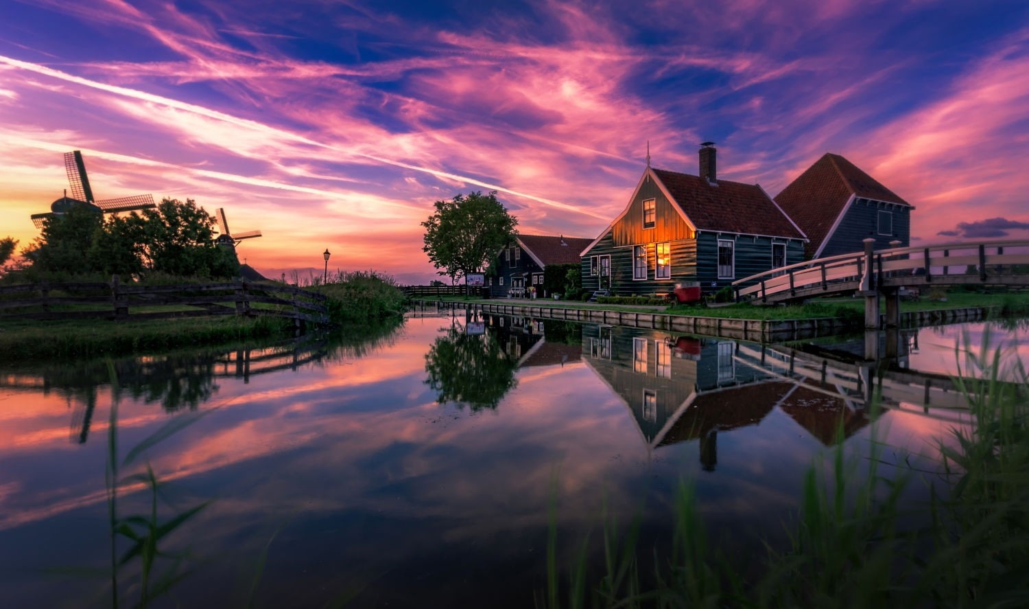tranquility, building exterior, landscape, nature, sky, no people, windmill, outdoors, sunset, canal, waterfront, water, built structure, summer, cloud - sky, HD Wallpaper