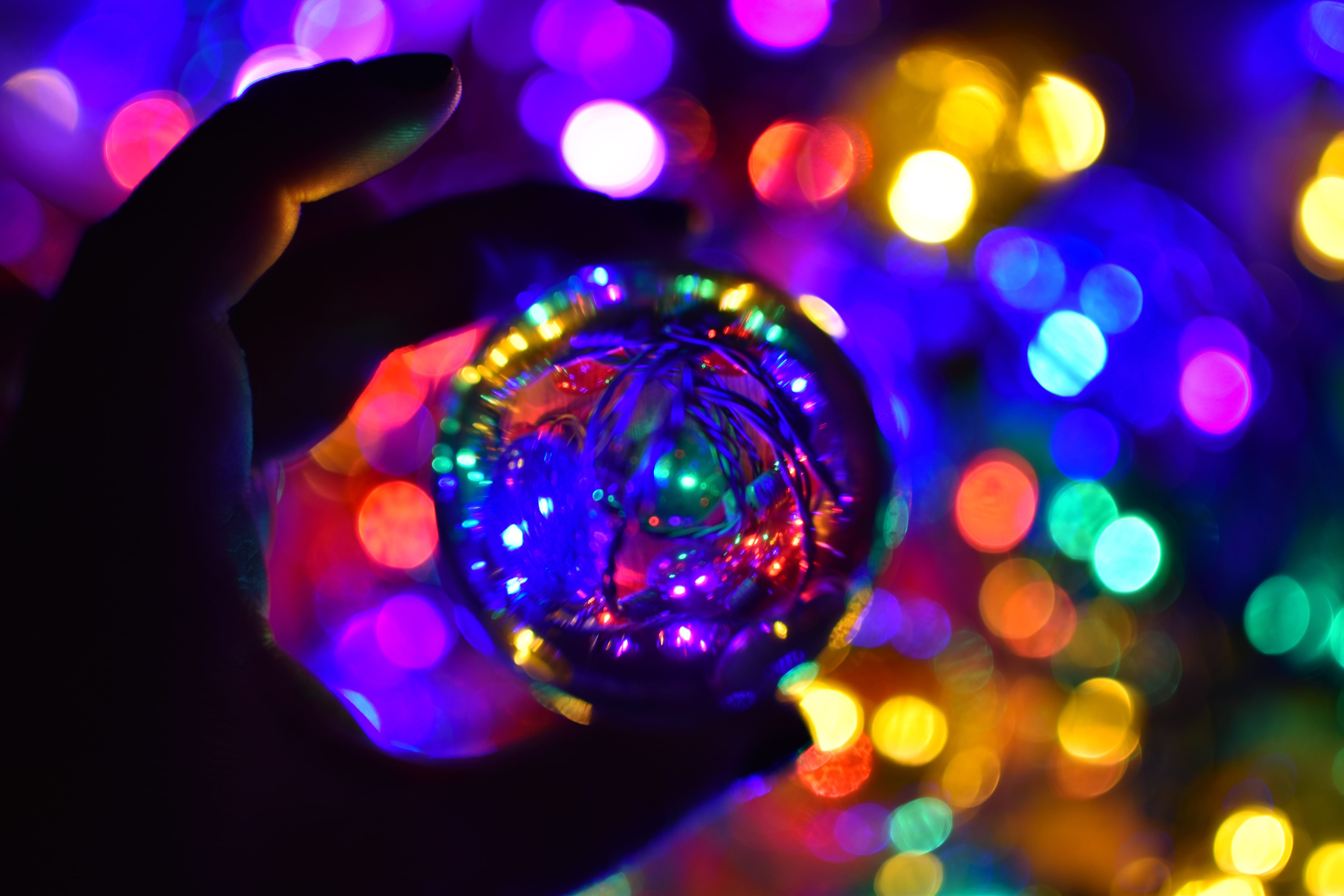 human, ornament, glitter, human hand, pattern, led, reflection, flare, holding, illuminated, diwali, disco ball, person, hand, 5K, decoration, neon, fractal, HD Wallpaper