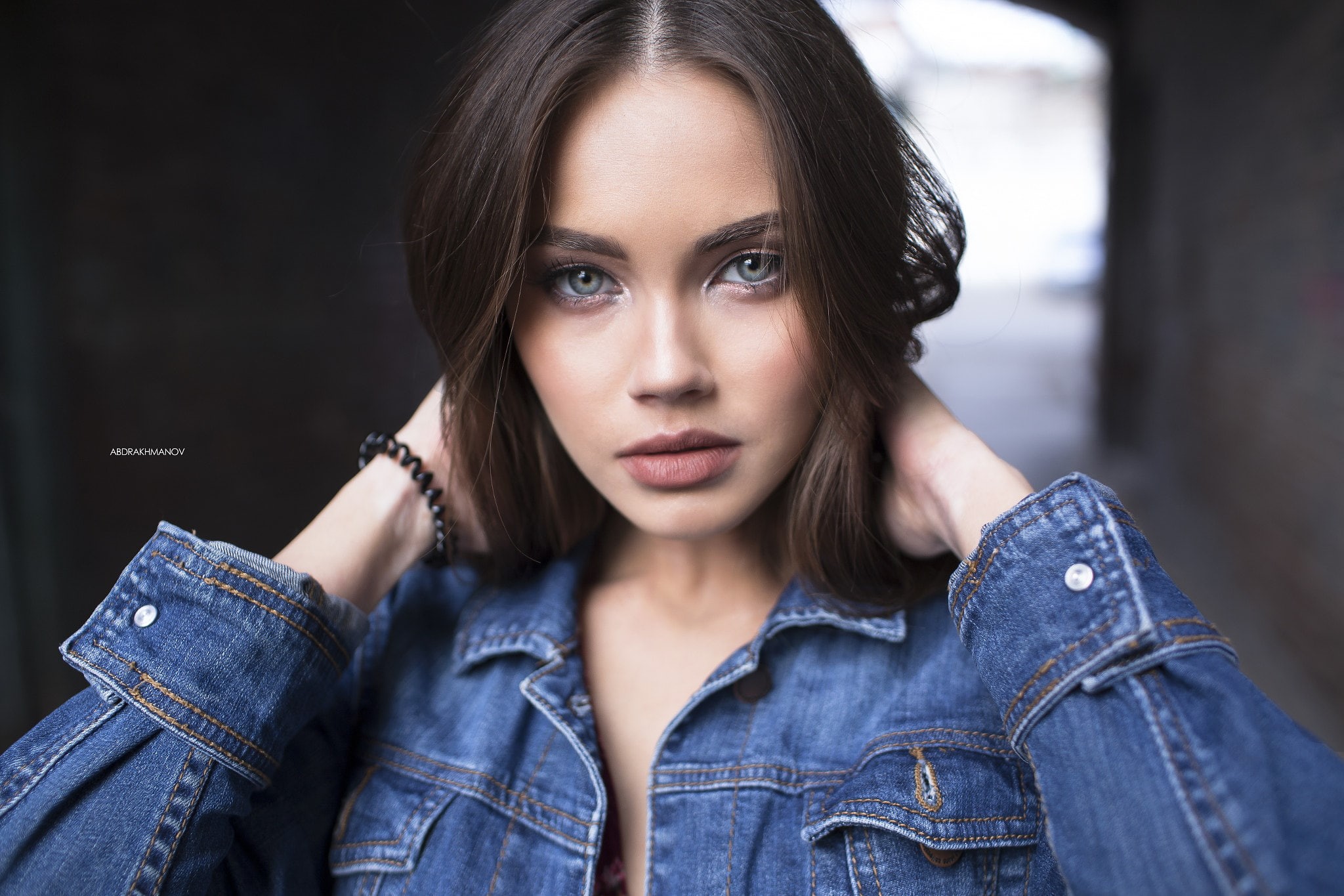 denim, depth of field, Lenar Abdrakhmanov, portrait, model, 1080P, jeans jacket, women, face, HD Wallpaper