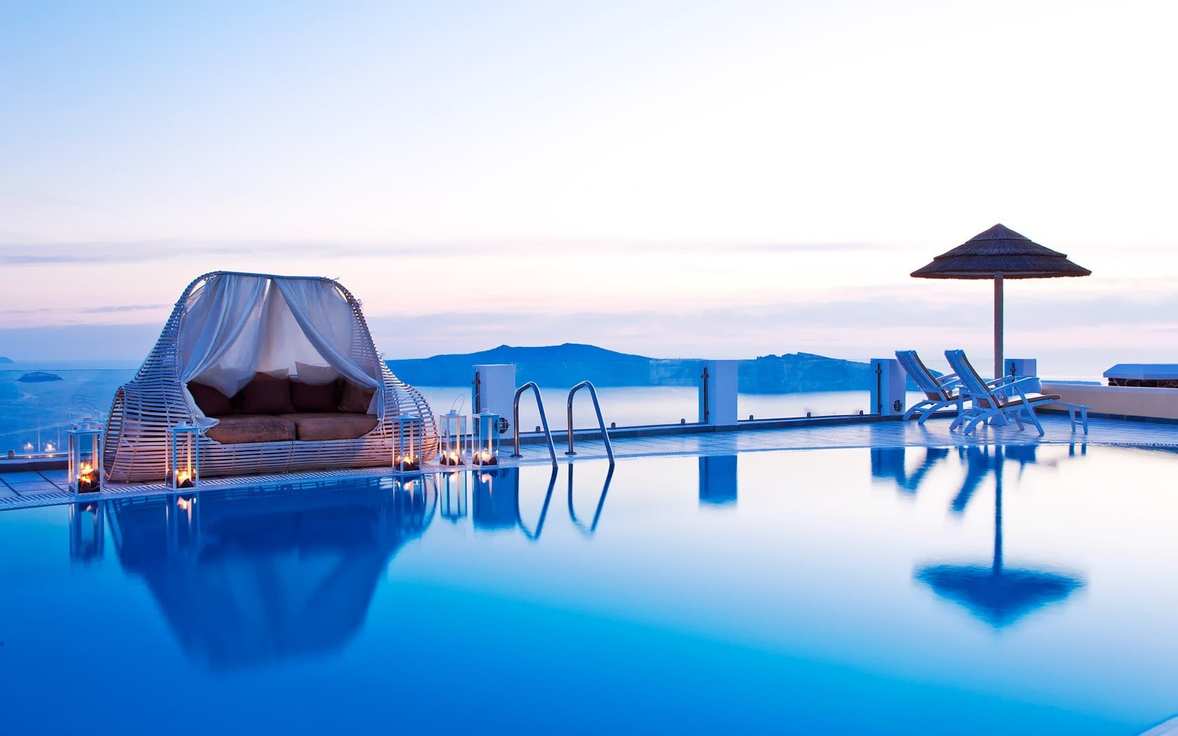 nature, no people, pool, Greece, infinity, tranquility, non-urban scene, outdoors, hills, sky, deck chairs, swimming pool, sea, evening, tranquil scene, HD Wallpaper