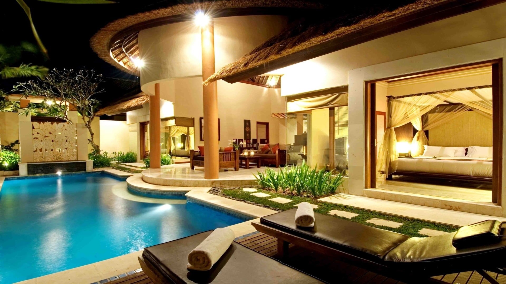 pool, building, flooring, architectural column, living Room, outdoors, holiday Villa, apartment, electric Lamp, concrete, architecture And Buildings, elegance, HD Wallpaper