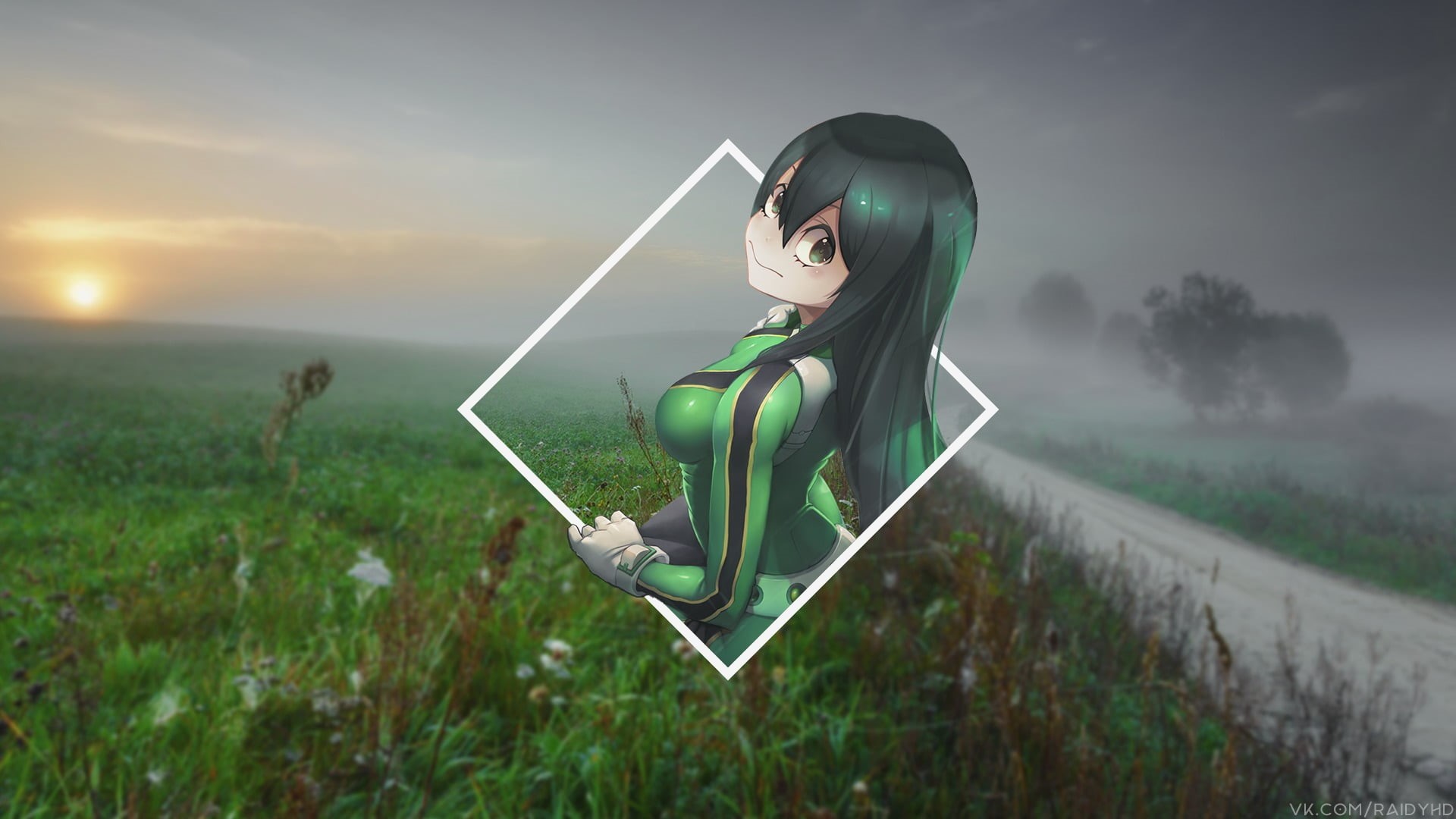 green color, field, real people, plant, anime girls, casual clothing, 1080P, holding, lifestyles, picture-in-picture, adult, sky, young adult, women, anime, HD Wallpaper