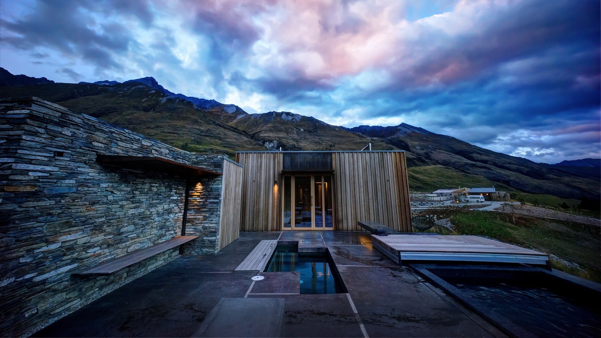 wood - material, no people, house, abandoned, building, brown, swimming pool, modern, dramatic sky, 1080P, old, cloud - sky, mountain, landscape, built structure, HD Wallpaper