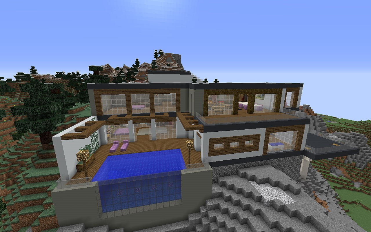 landscape, modern, Minecraft, house, 720P, swimming pool, HD Wallpaper