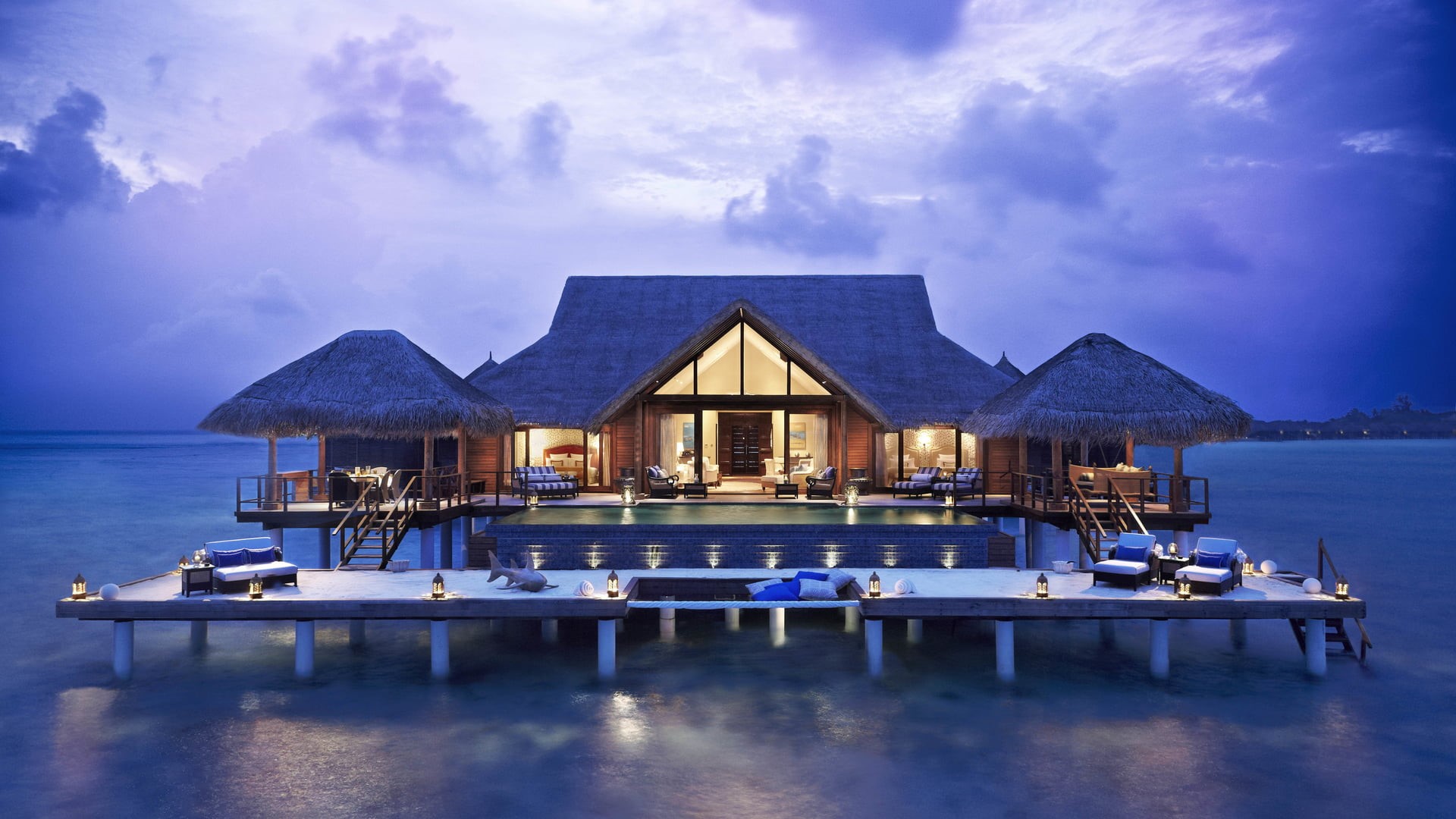 piles, travel destinations, water, white, interior, nature, bungalow, architecture, built structure, house, tranquil scene, Tropical Vacation, 1080P, blue, HD Wallpaper