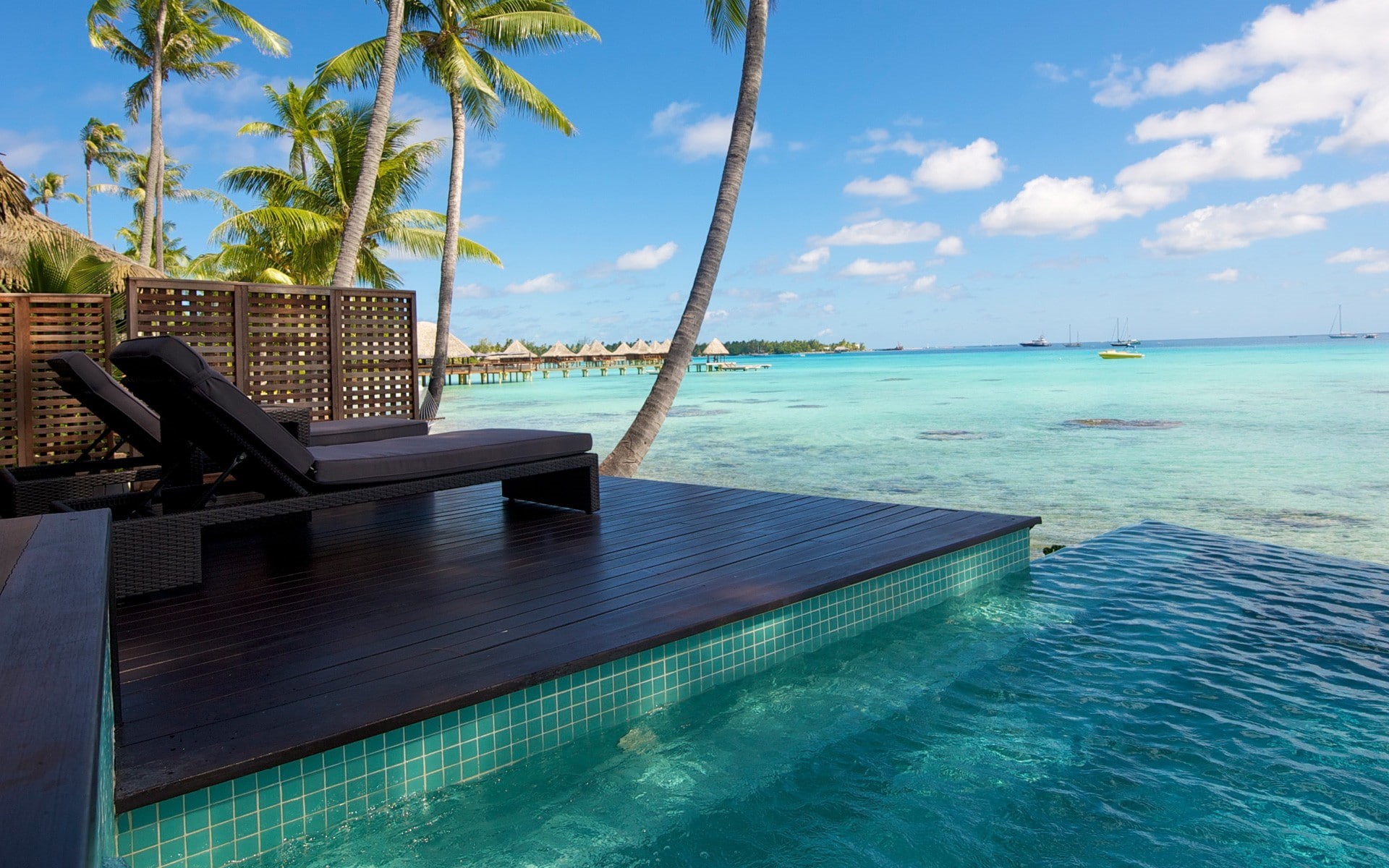 sea, palm trees, tropical, nature, bungalow, landscape, summer, swimming pool, water, resort, atolls, 1080P, beach, HD Wallpaper