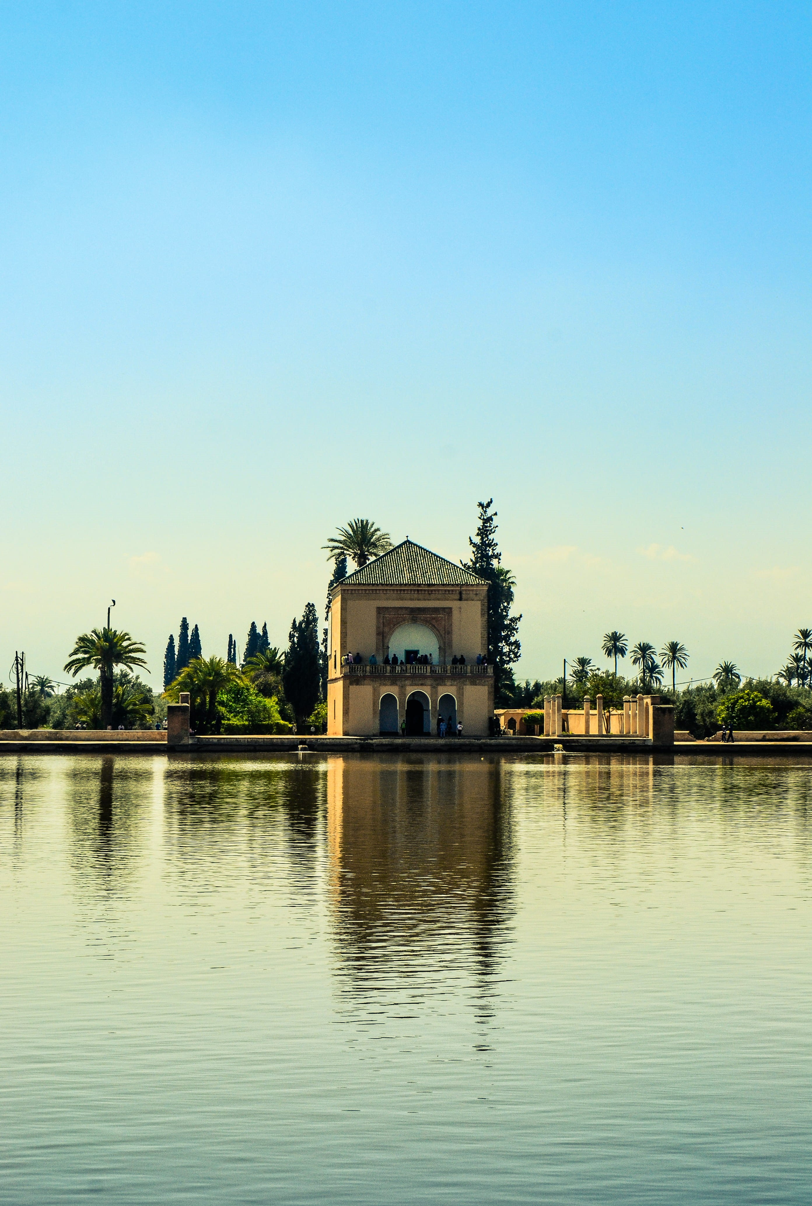 tourism, sunshine, pool, clear sky, marrakesh, building, palm, nature, history, outdoors, no people, people, copy space, lake, sky, reflection, waterfront, Phone HD Wallpaper