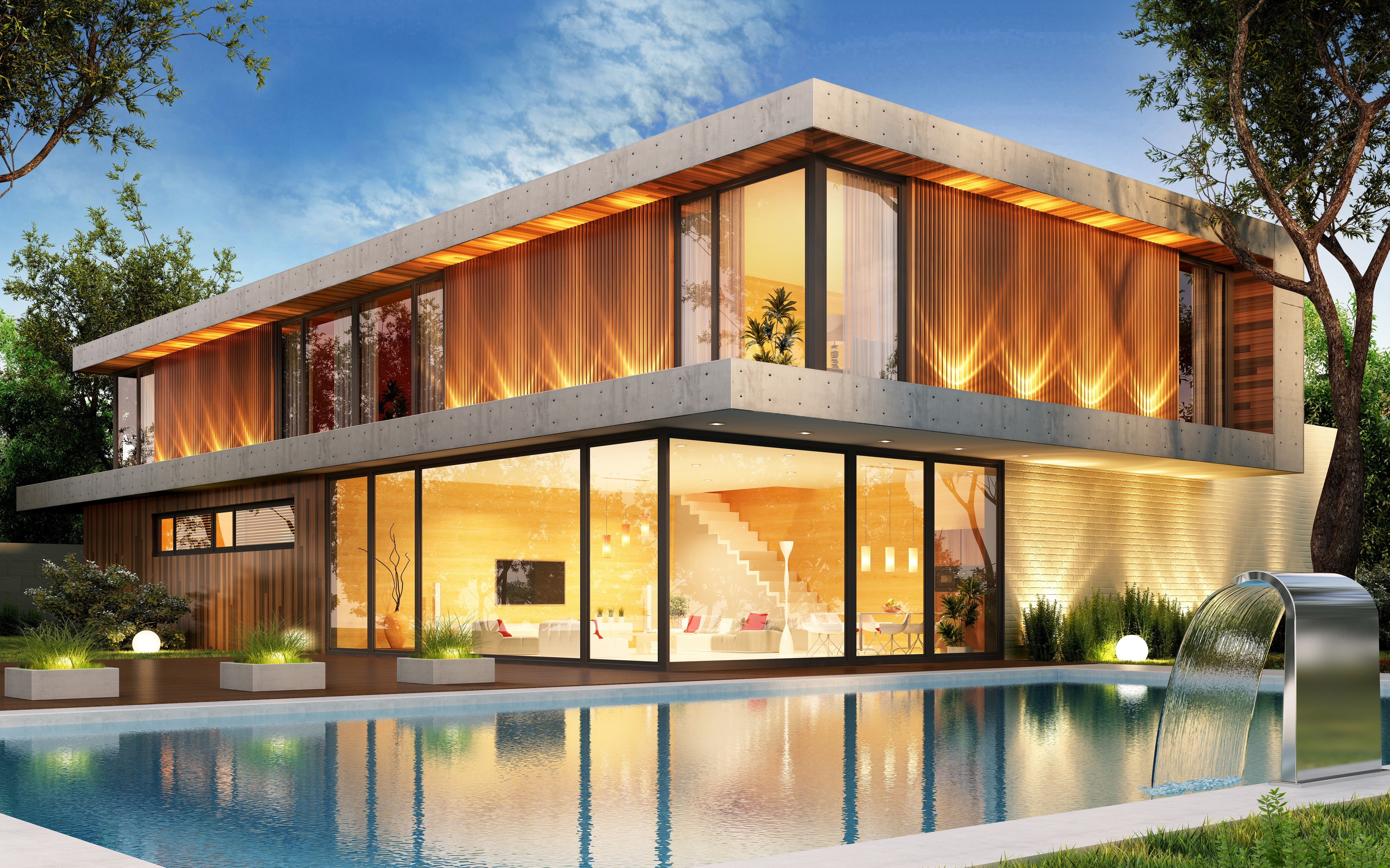 houses, villa, house, design, modern, 4K, pool, luxury, HD Wallpaper