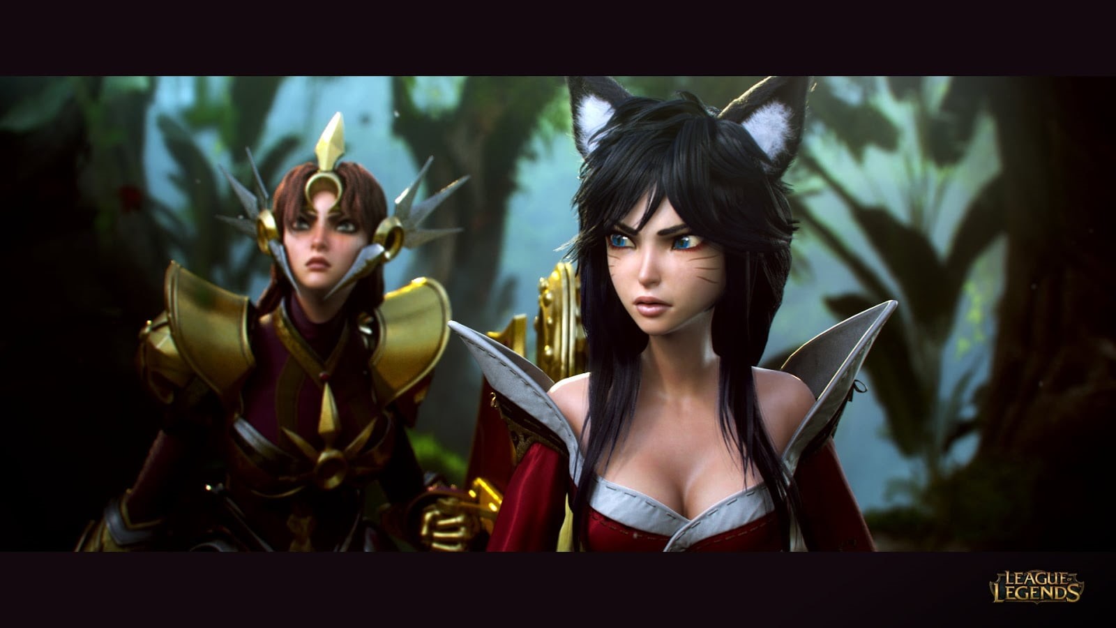 togetherness, adult, 720P, indoors, Ahri, League of Legends, people, cleavage, league, young women, focus on foreground, video games, front view, HD Wallpaper