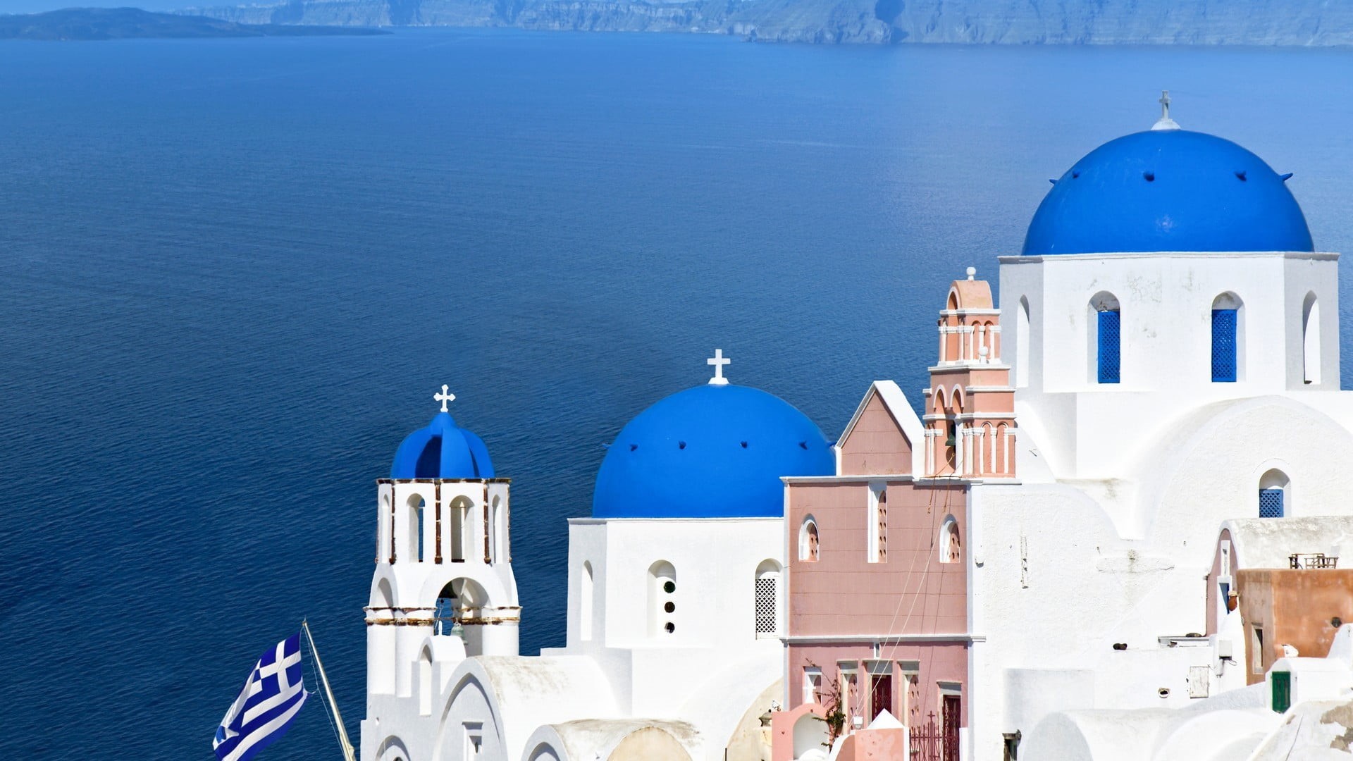 nature, travel, building exterior, day, building, outdoors, 1080P, dome, Greece, water, blue, no people, spirituality, Santorini, travel destinations, HD Wallpaper