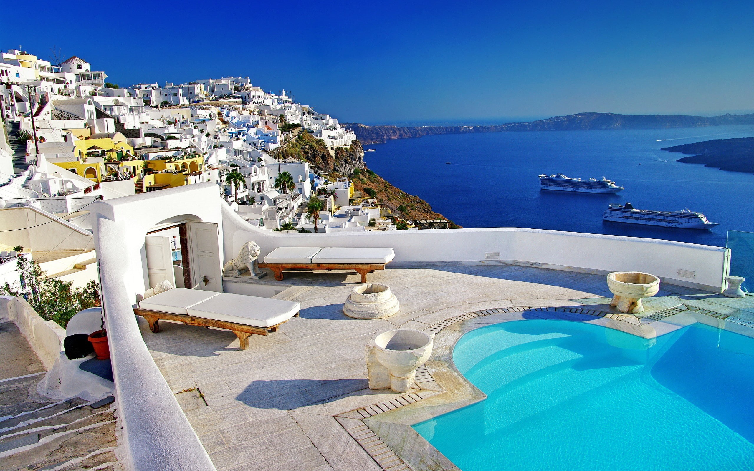 2K, Mykonos island, river, Cruise Ship, Santorini, house, Greece, HD Wallpaper