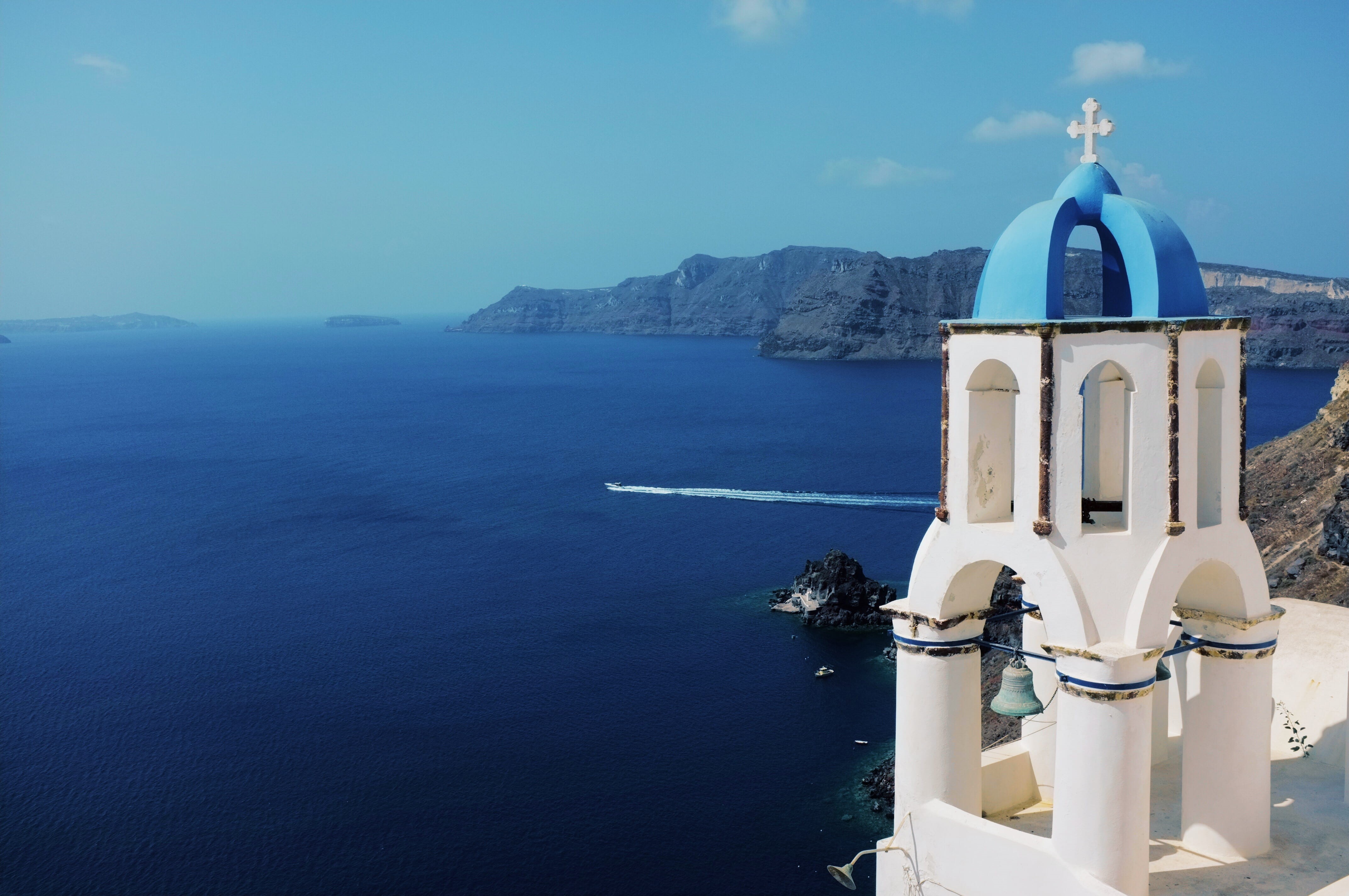 water, island, architecture, built structure, church, horizon over water, belief, sky, travel, santorini, nature, 4K, building, outdoors, greece, building exterior, HD Wallpaper
