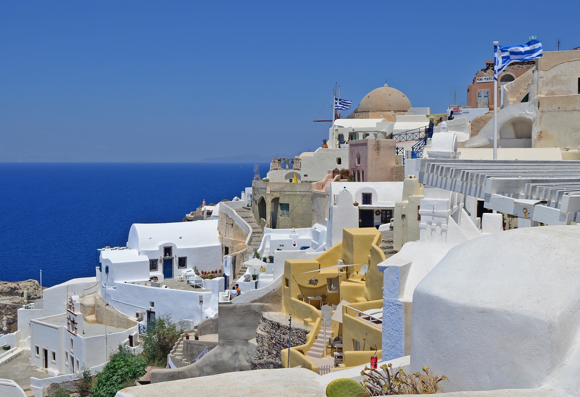 sunlight, travel destinations, nature, santorini, place of worship, no people, greece, dome, water, mediterranean, town, building exterior, built structure, HD Wallpaper