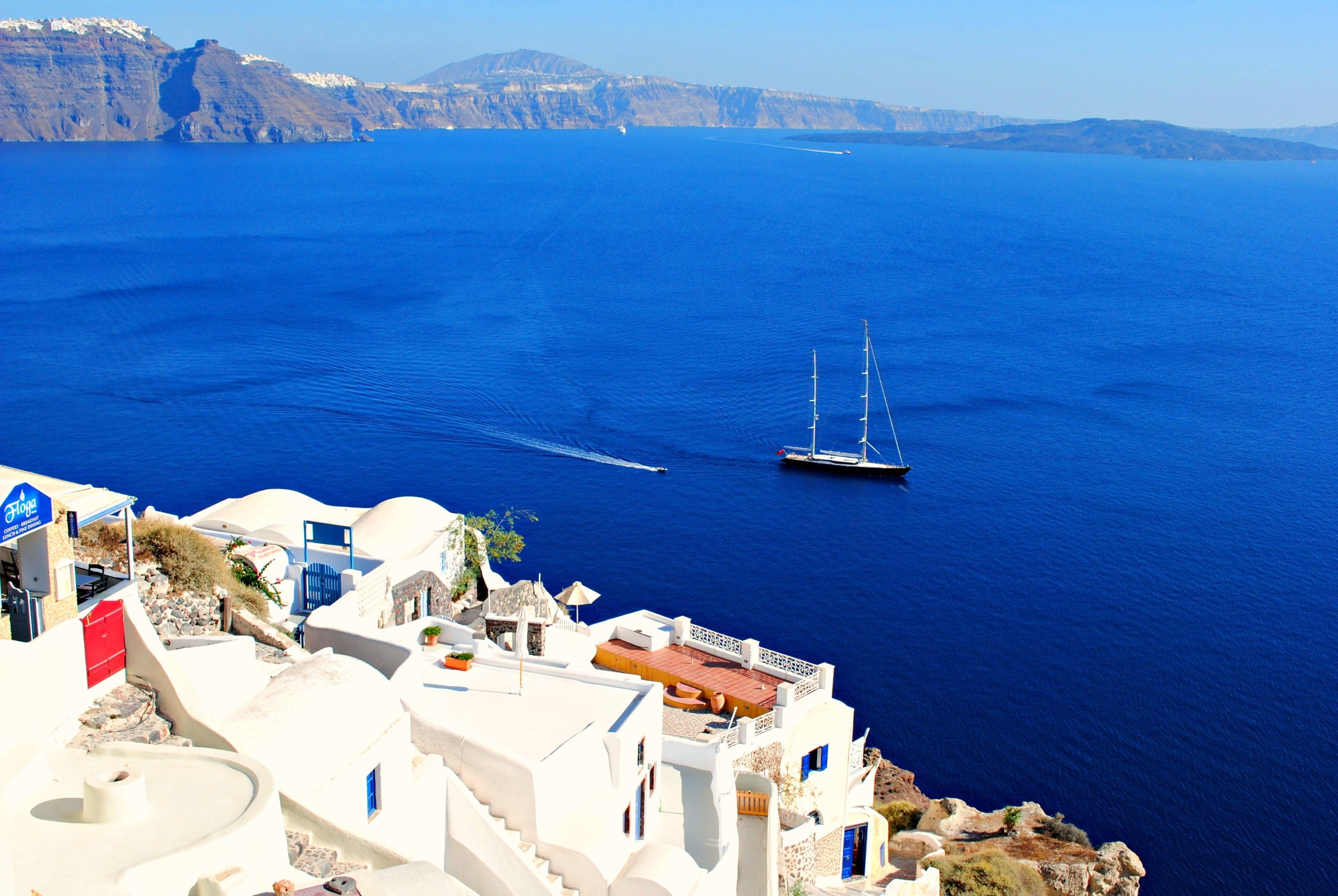 thira, vacation, mode of transportation, tourist, europe, caldera, santorini, mediterranean, daytime, city, young, church, island, oia, outdoors, boat, HD Wallpaper
