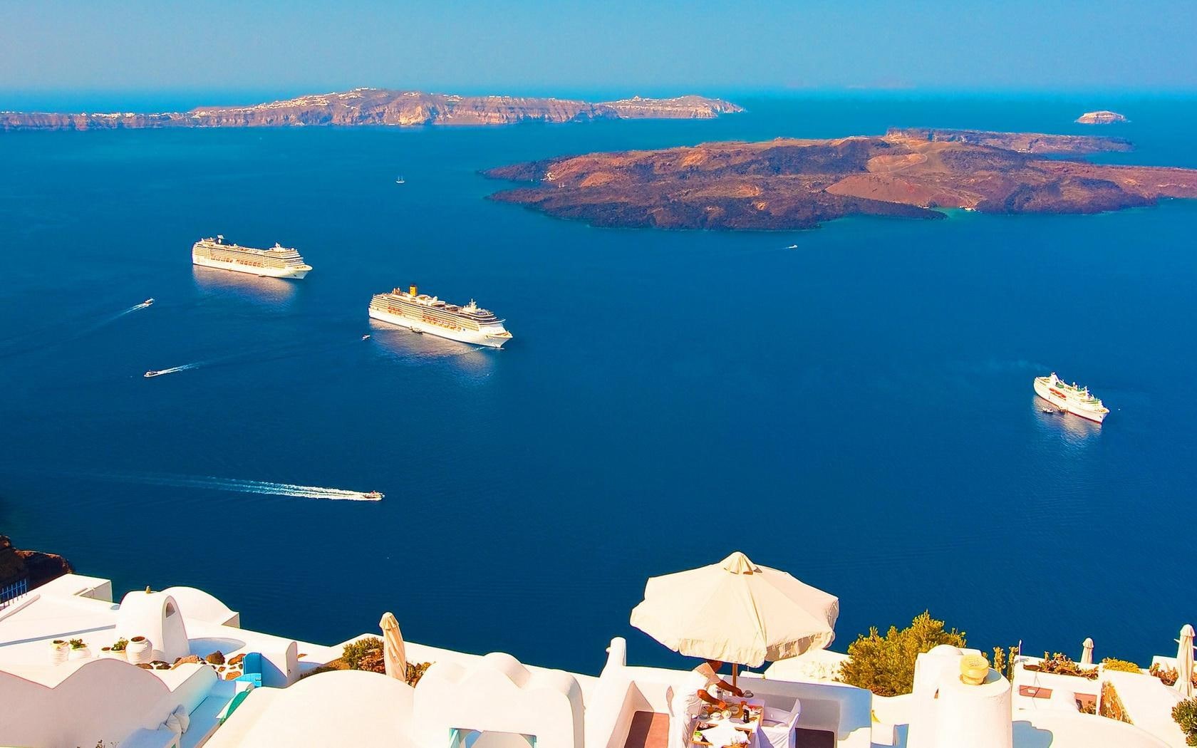 santorini, background, desktop, panorama, 720P, greece, sea, ships, sea - ocean, view, HD Wallpaper
