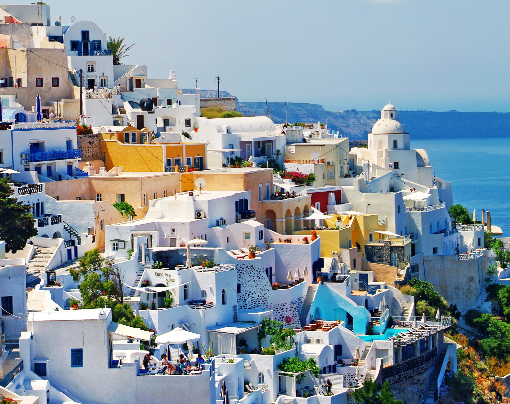 tourism, greek Culture, sunlight, white, mediterranean Countries, caldera, mediterranean Culture, firรก, 1080P, the city, mediterranean Sea, building Exterior, HD Wallpaper