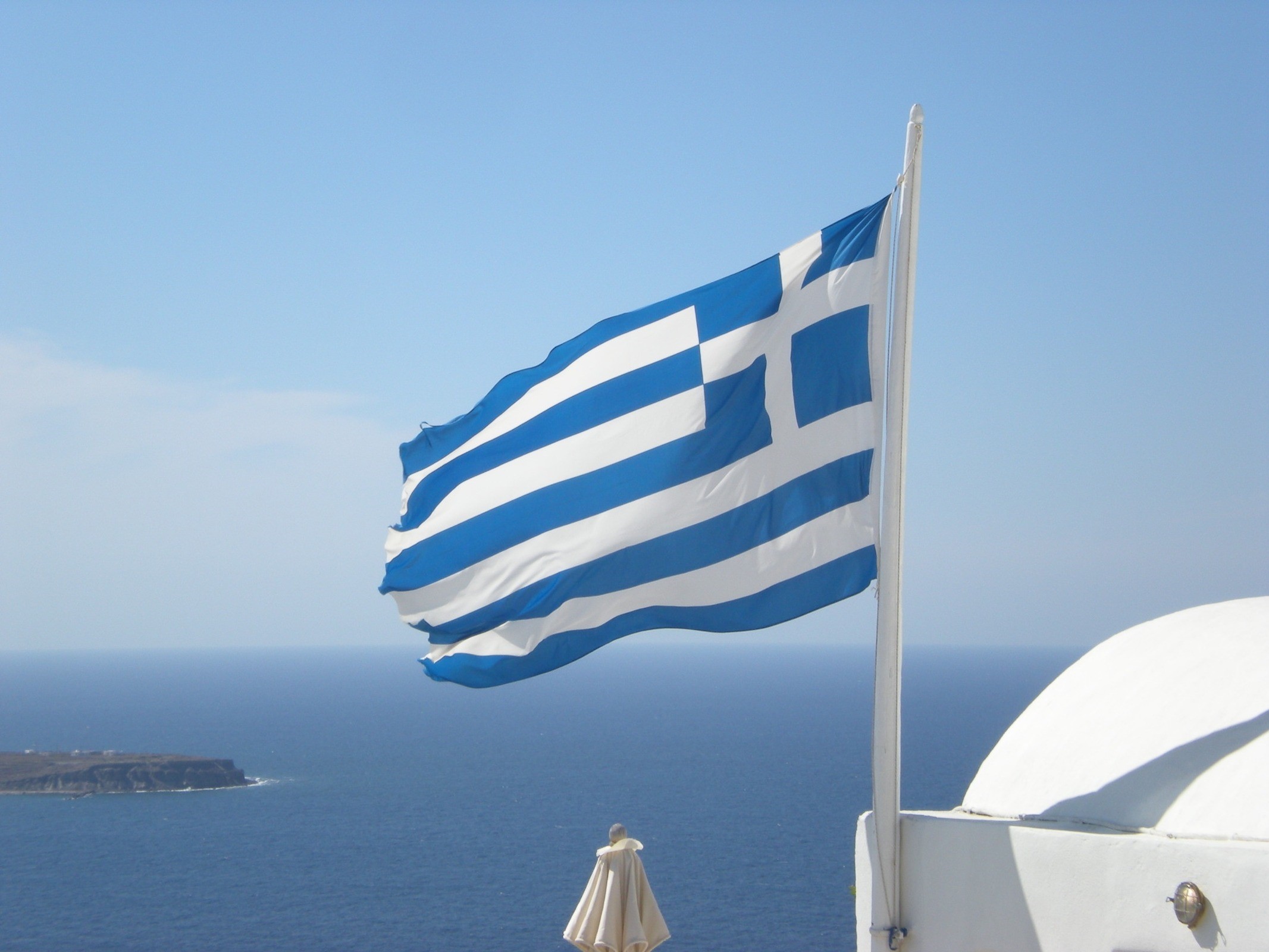sailboat, patriotism, nautical vessel, sea, marine, sky, no people, 1080P, waving, water, travel, oia, wind, environment, striped, day, blue, transportation, HD Wallpaper